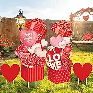 4 Pcs Valentine's Day Yard Signs, Gnome Outdoor Sign with Stakes Valentine Red Heart Rose Gnome Lawn Gift Box for Holiday Pathway Lawn Walkway Patio Party Wedding Anniversary Decor