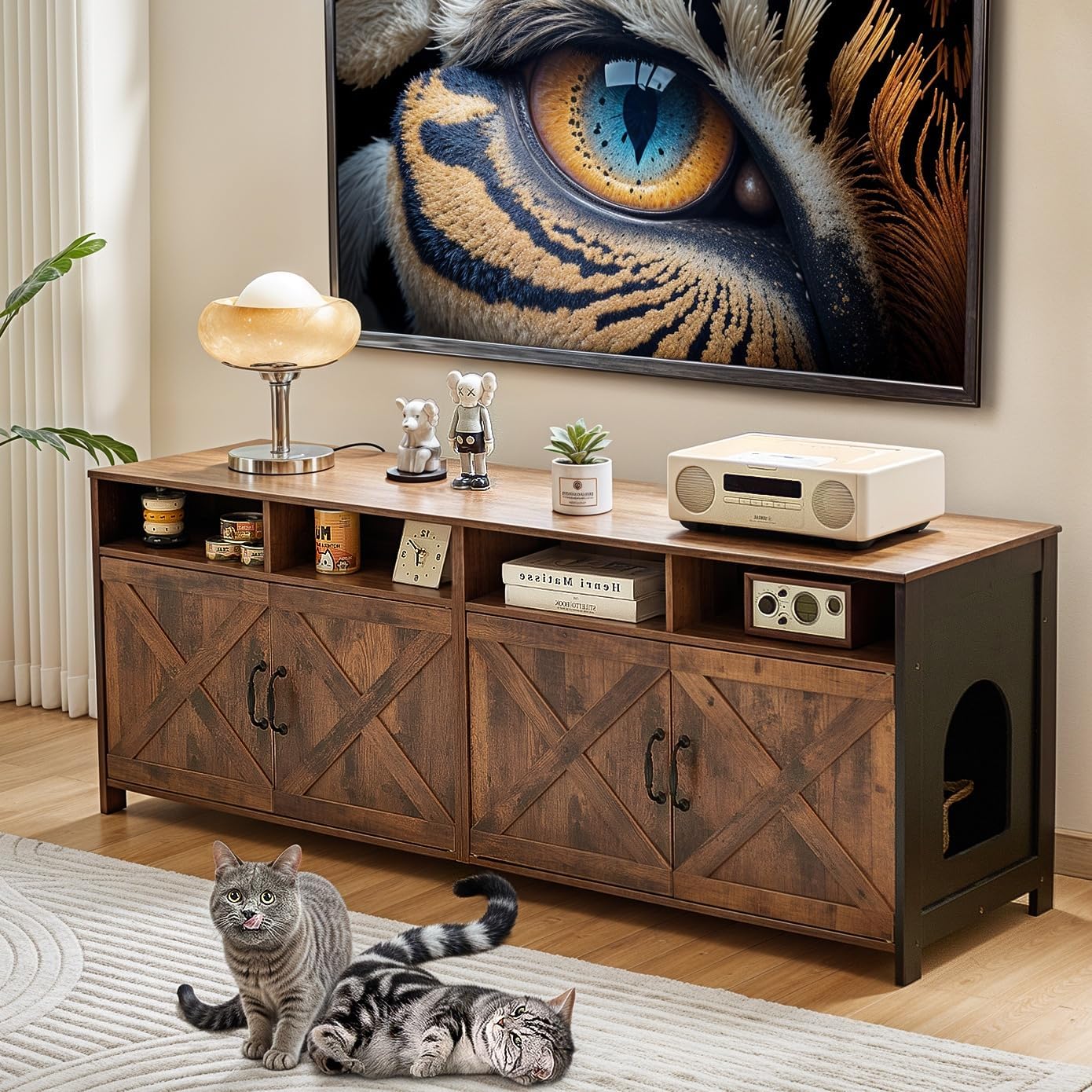 Double Cat Litter Box Enclosure for 2 Cats, 63" Hidden Wooden Litter Box Furniture with Power Outlet, Farmhouse TV Stand Large Litter Box Cabinet, Indoor Cat House, Antique White