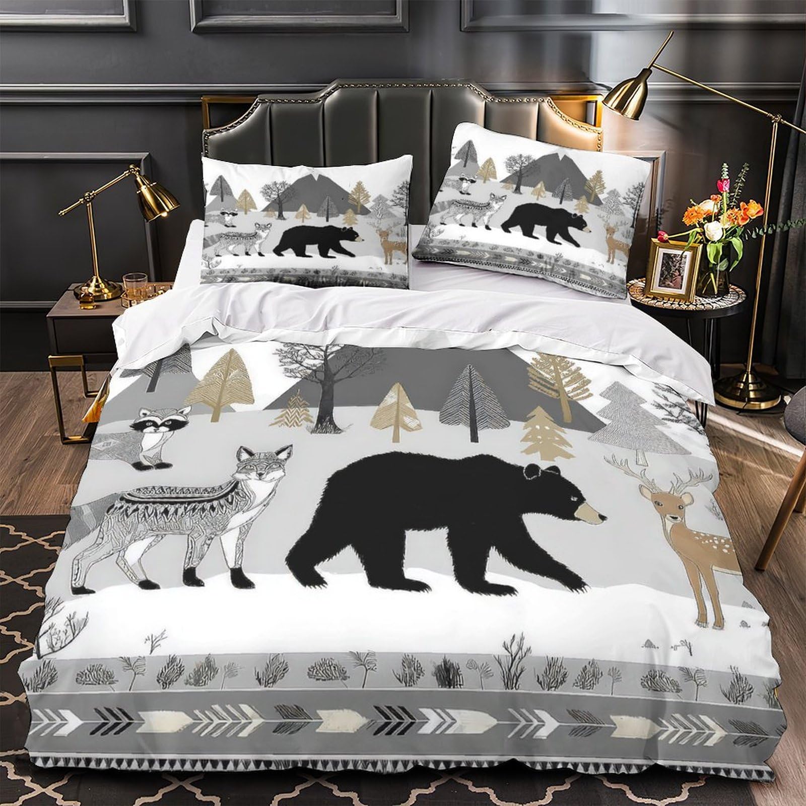 Housse de couette forêt scandinave microfibre Super King 260x220 cm avec 2 taies d'oreiller