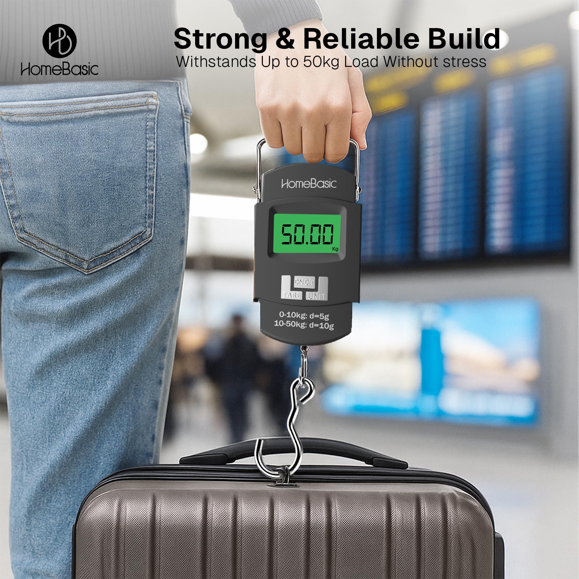 HomeBasic Digital Luggage Weight Scale 50kg | Weighing Machine for Luggage Bags, 4 Weighing Modes (kg/lb/oz/jin), LCD Display, Tare Function, Auto-Off, Portable Travel Weighing Scale (Black) 4