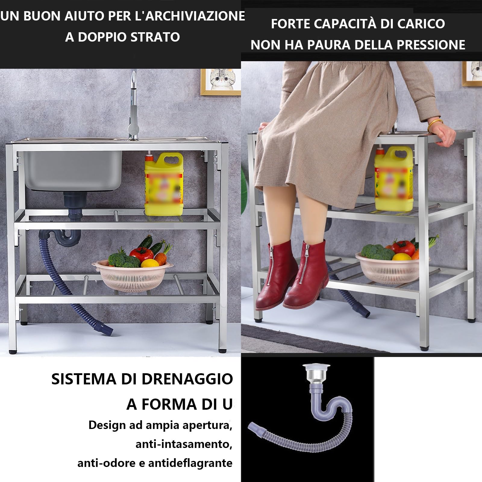 Lavandino da esterno a libera installazione,Inossidabile con il Rubinetto Girevole 360°, tavolo da preparazione con console e supporto,Facile da pulire,per Garage, Cucina. (Size : Double layer)