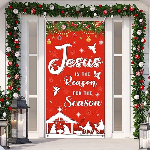WovWeave Decoración de Navidad al aire libre, cubierta religiosa para puerta, Jesús es la razón de la temporada, fondo de fotografía de Navidad,