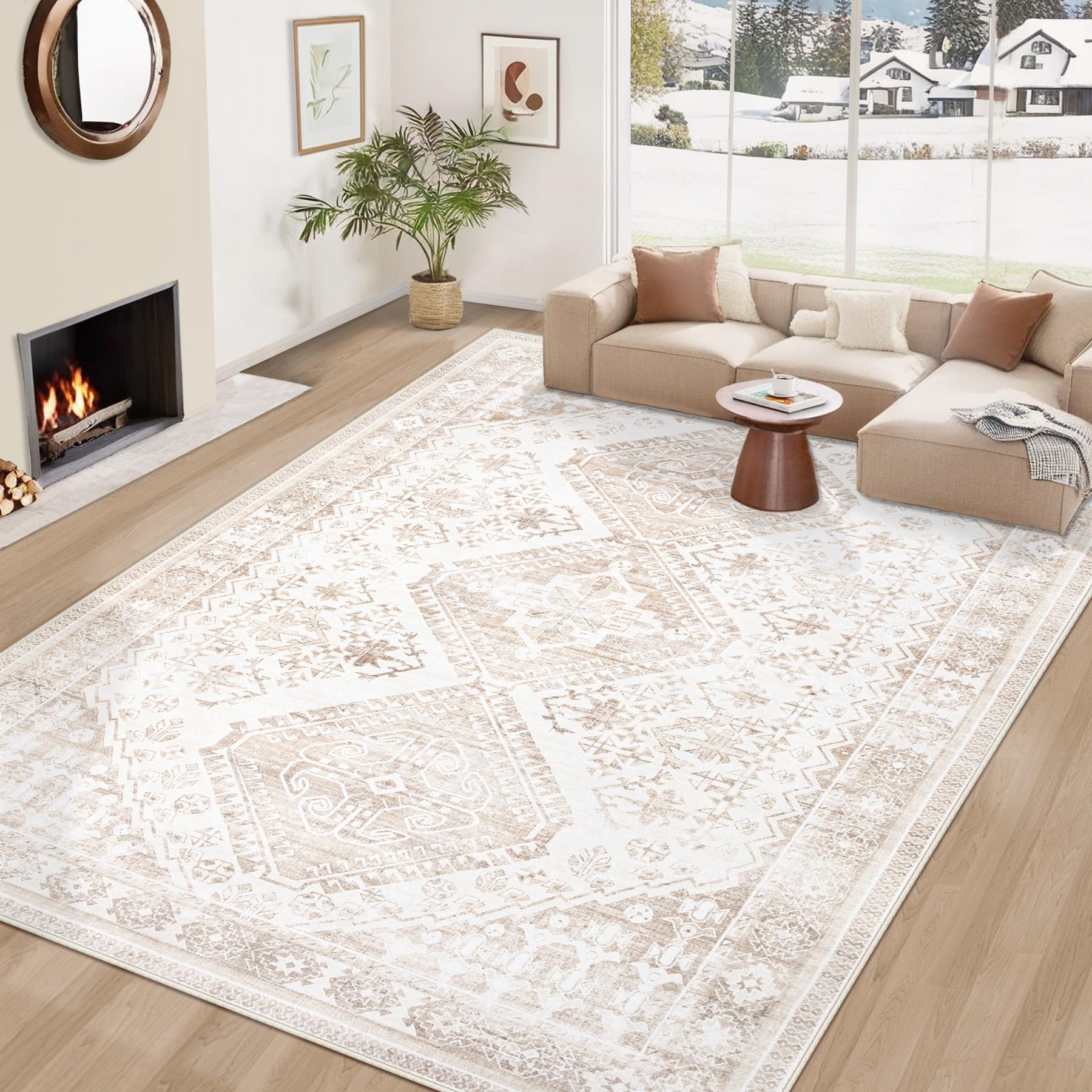 8X10 Area Rugs for Living Room: Washable Rug Vintage Boho Non-Slip Rug Large Soft Low Pile Indoor Carpet for Bedroom Dining Room Home(Beige, 8'x10')