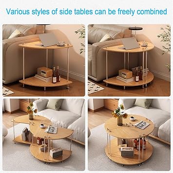 Wooden Small Side Table, Modular Round Coffee Table, With 2 Wooden Storage Shelves, Metal Steel Frame Support Legs With Non-Slip Pads, Original Wood, Black And White(A,40X40X53CM)