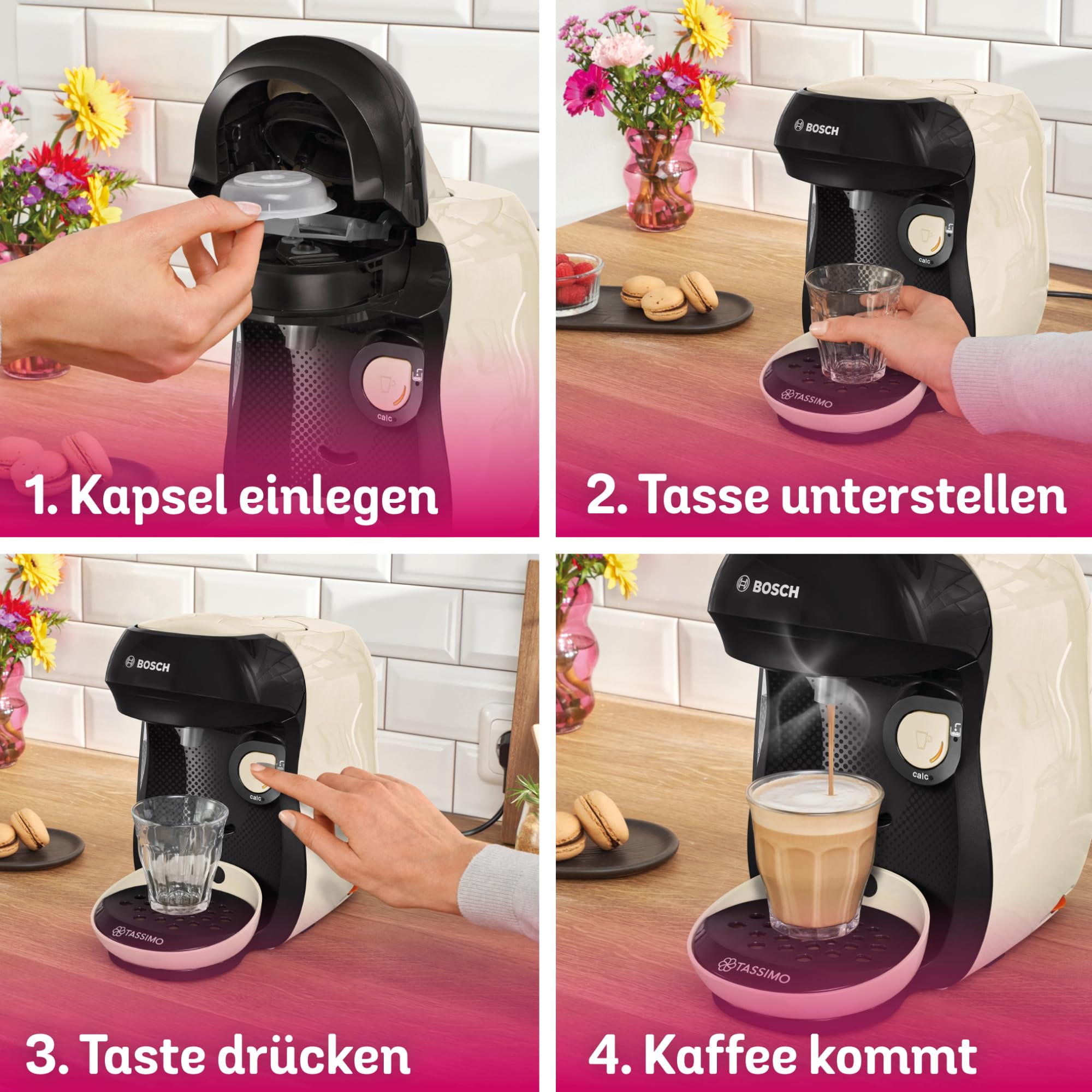 Bosch Tassimo happy friendly Kapselmaschine TAS107E, über 70 Getränke, geeignet für alle Tassen, Abschaltautomatik, nachhaltig, perfekt dosiert, platzsparend, 1400 W, creme/schwarz