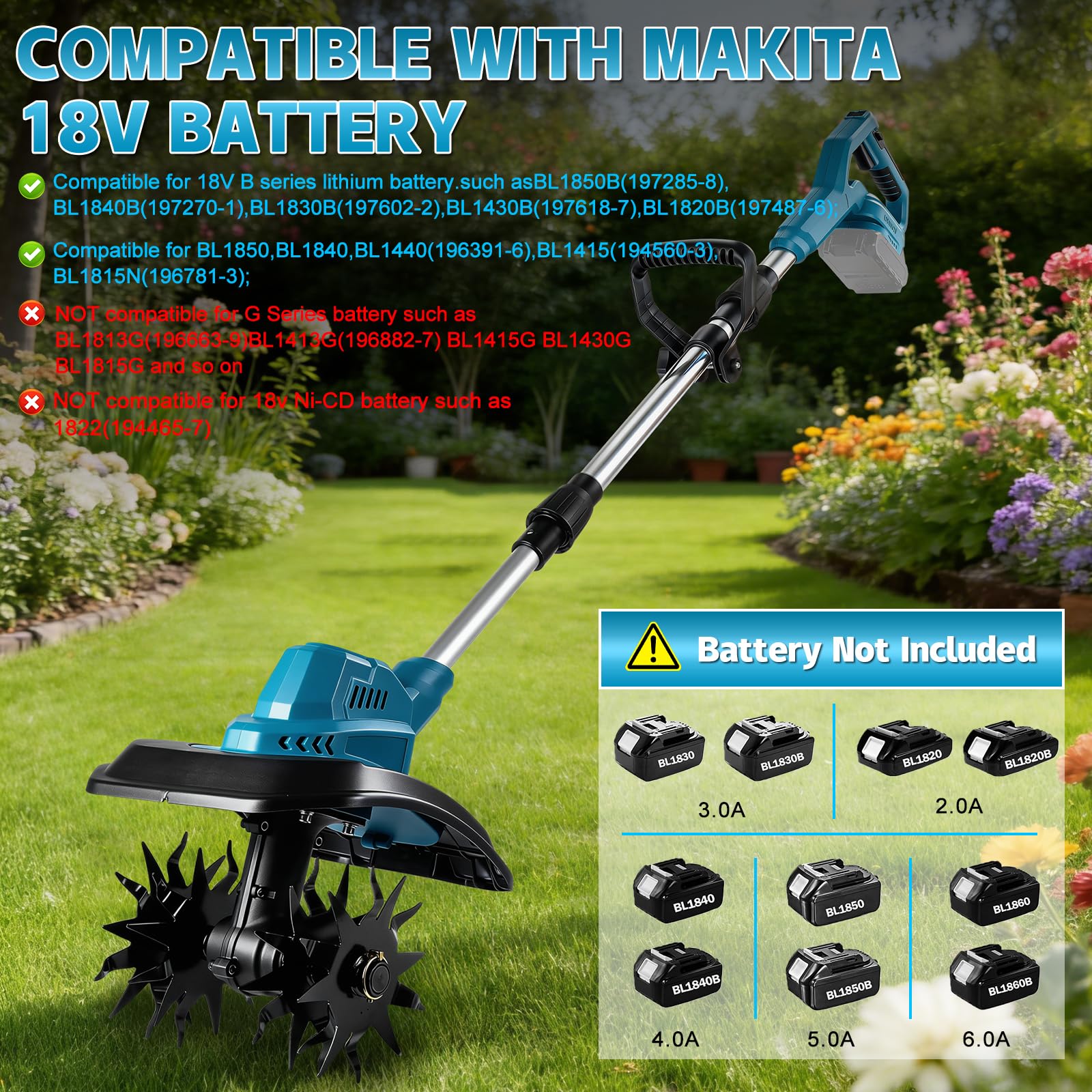 Motoazada Electrica Compatible con Makita 18V Batería, Motocultor Baterías inalámbrico, Ancho de Trabajo de 20 cm, de Trabajo 15 cm, Mango Plegable, Motocultor para Jardín Huerto Césped (sin batería)