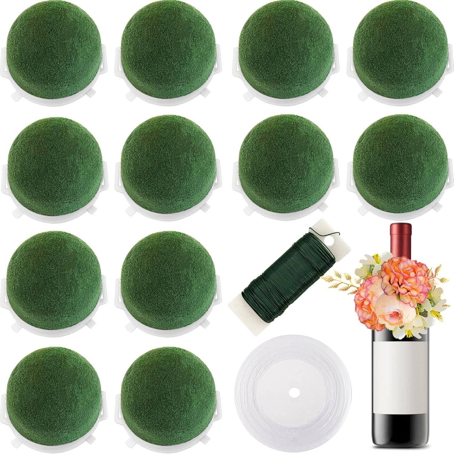 12 Pcs Mini Floral Foam Holder,Round Floral Foam with Green Floral Wire and Ribbon,Green Floral Foam Floral Arrangement Supplies for Fresh Flowers,Wine Bottle Decor,Weddings,Party Decor