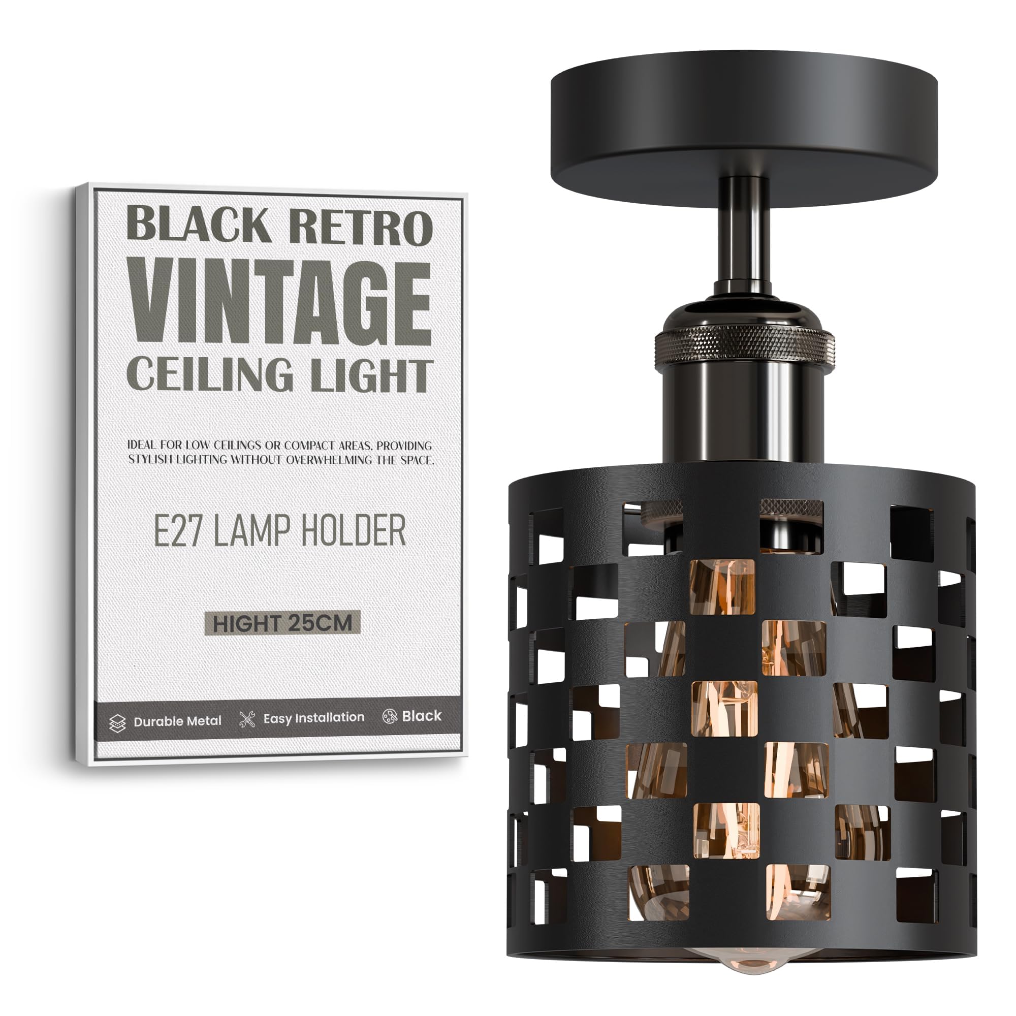 LEDSone Black Ceiling Light Fixture, Industrial Chandeliers Ceiling Lights Metal Cage Lampshade, with E27 Base for Bedroom, Living Room, Dining Room, Kitchen, Hallway (Pattern 1 - with Bulb)