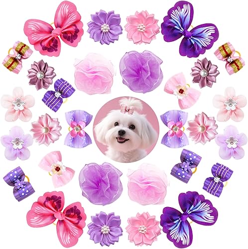 30 lazos rosados para el pelo de perros con diamantes de imitación para perros pequeños y medianos, lazos anudados con mariposas y perlas de flores,