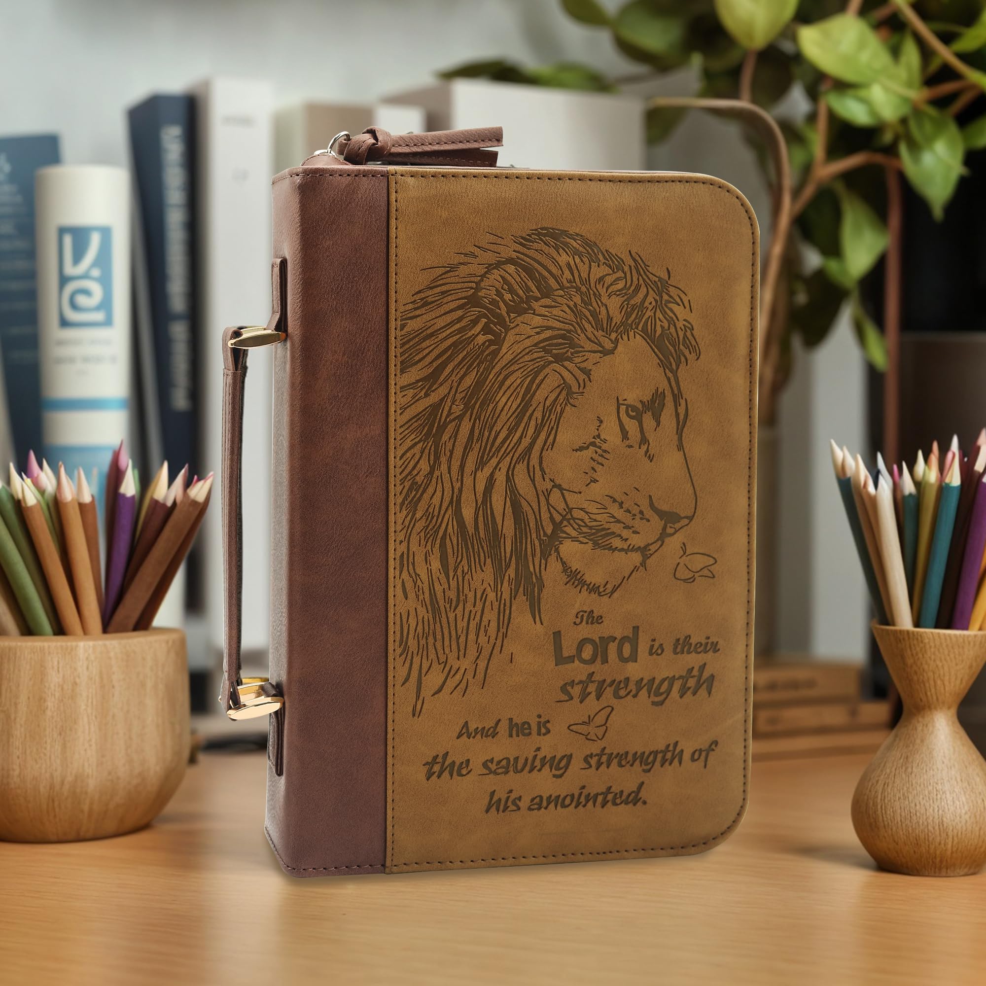 Custodia Per Bibbia In Pelle Con Cerniera - Con Manico, Tasca Interna | Marrone, Design Leone - Foto 6
