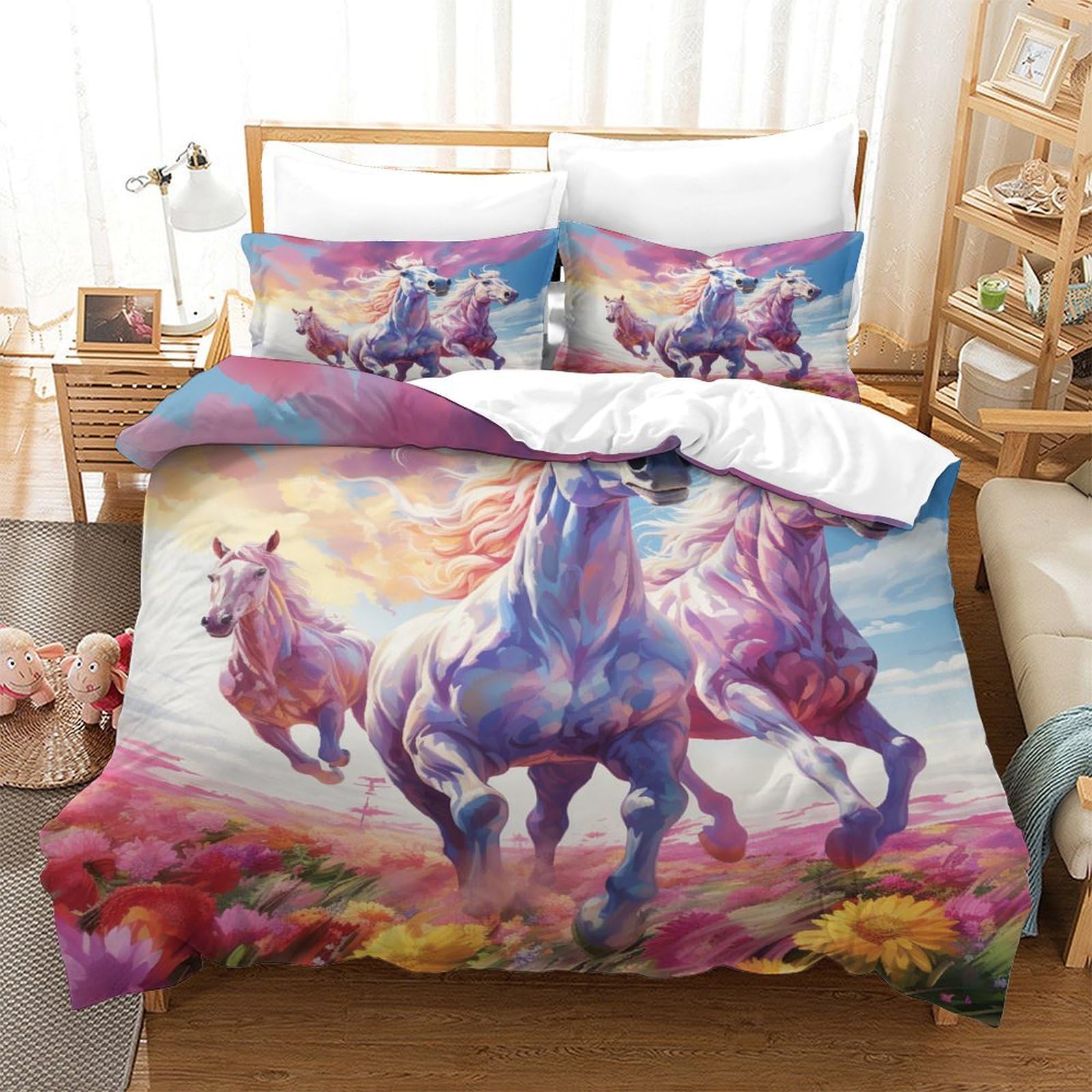 Housse de couette cheval 3D 140x200cm parure de lit 3 pièces