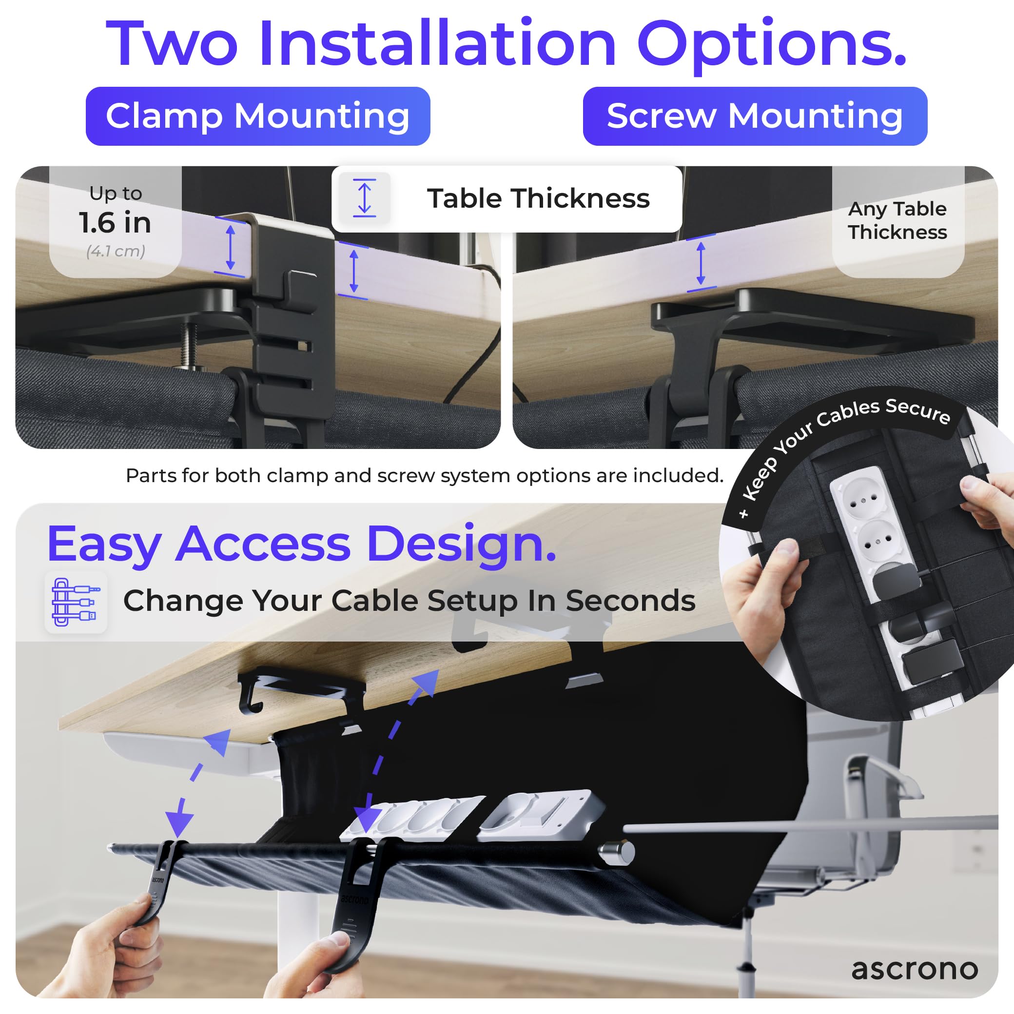 Ascrono Cable Tray, Black, 40.6" x 13.6", Under Desk Cable Management, Clamp/Screw Mount, Heavy Duty, Large (40.6 in) - Image 2