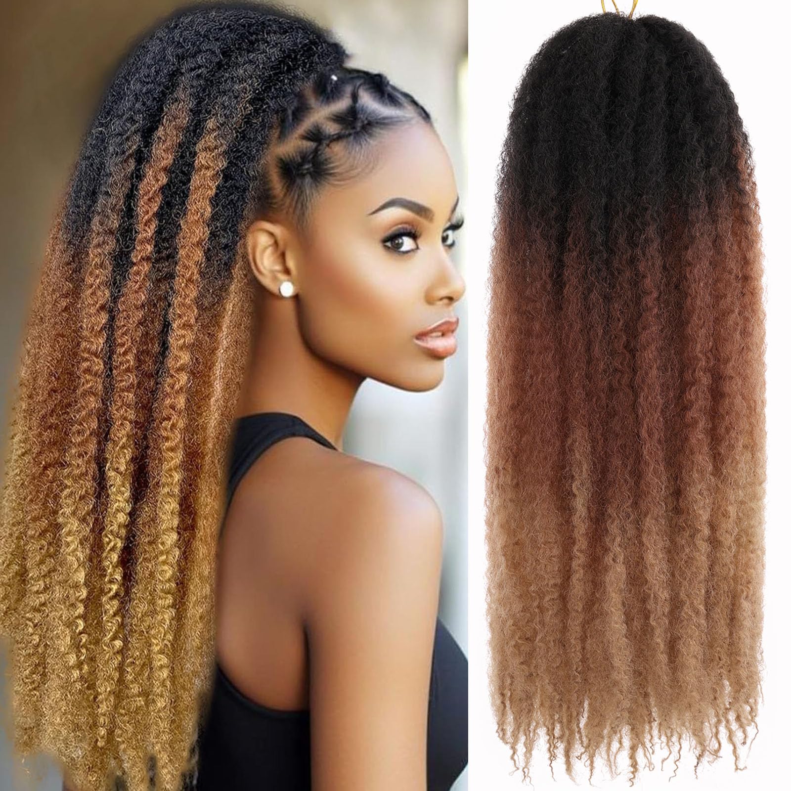 Samtress Ombre Afro Kinky Twist Crochet Extensions 24 Inch Springy 8 Packs for Faux Locs Synthetic Braids for Women (#1B/30/27)