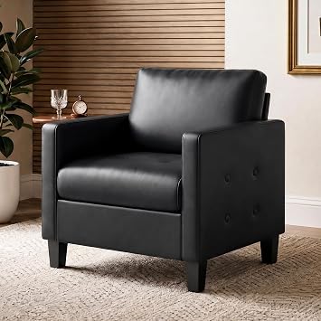Black Comfy Accent Chair, Faux Leather Living Room Chair | STHOUYN, Mid-Century Modern, Cozy, Office, Reading, Tufted Seat and Armrest, Reception Armchair, Bedroom, Waiting Room