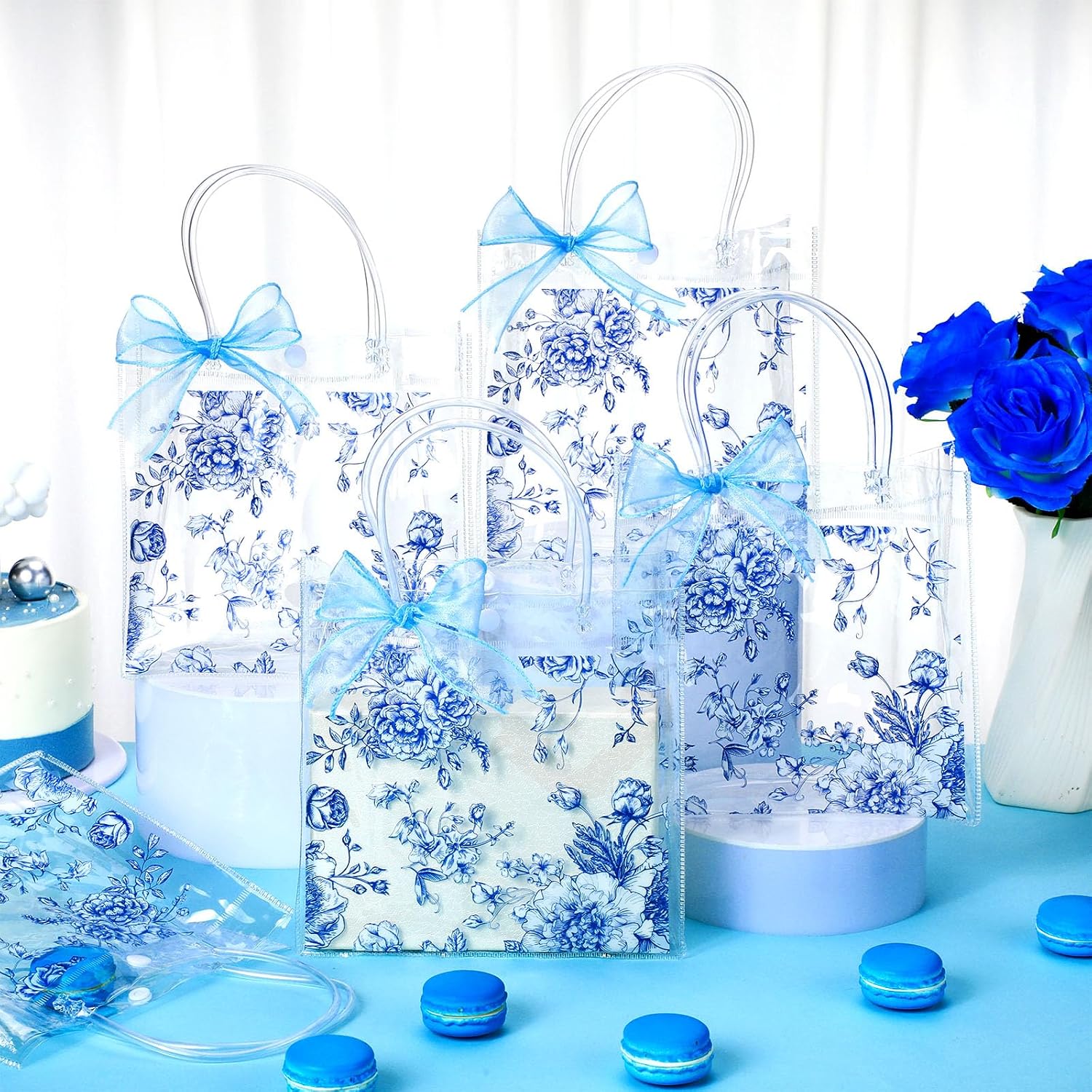Weysat 24 Pcs Blue Floral Party Favor Clear Gift Bags Blue White Chinoiserie Party Favor Bags Candy Treat Bag for Wedding Birthday Bridal Shower