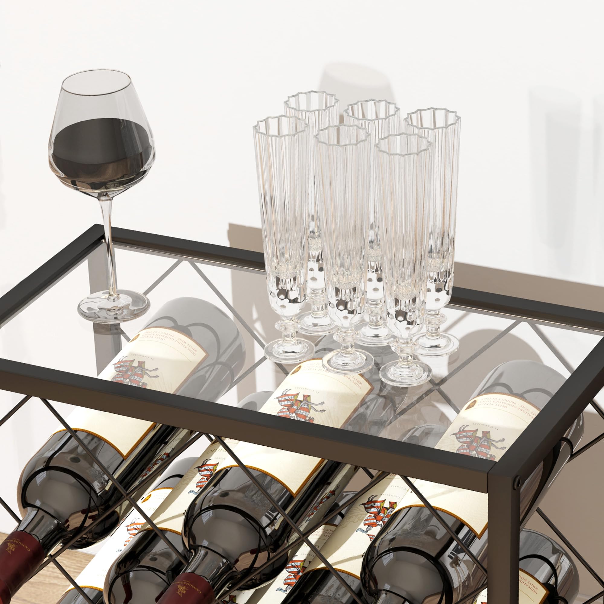 HOMCOM Portabottiglie Vino 10 Bottiglie Cantinetta 41x22x41 cm Nero | Piano d'Appoggio in Vetro Temperato, Portabottiglie in Acciaio, Cucina, Dispensa, Cantina, Bar
