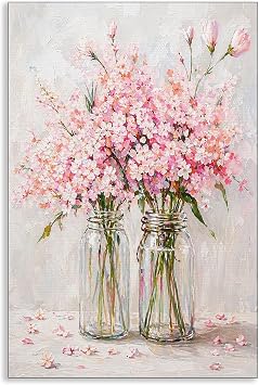 Xianyojafa Pink Vase Flowers Canvas Wall Art, Watercolor Wildflower Poster for Girls Dorm Bedroom, Spring Botanical Floral Print, Nature Plants Picture Painting for Living Room Office 8x10in Unframed