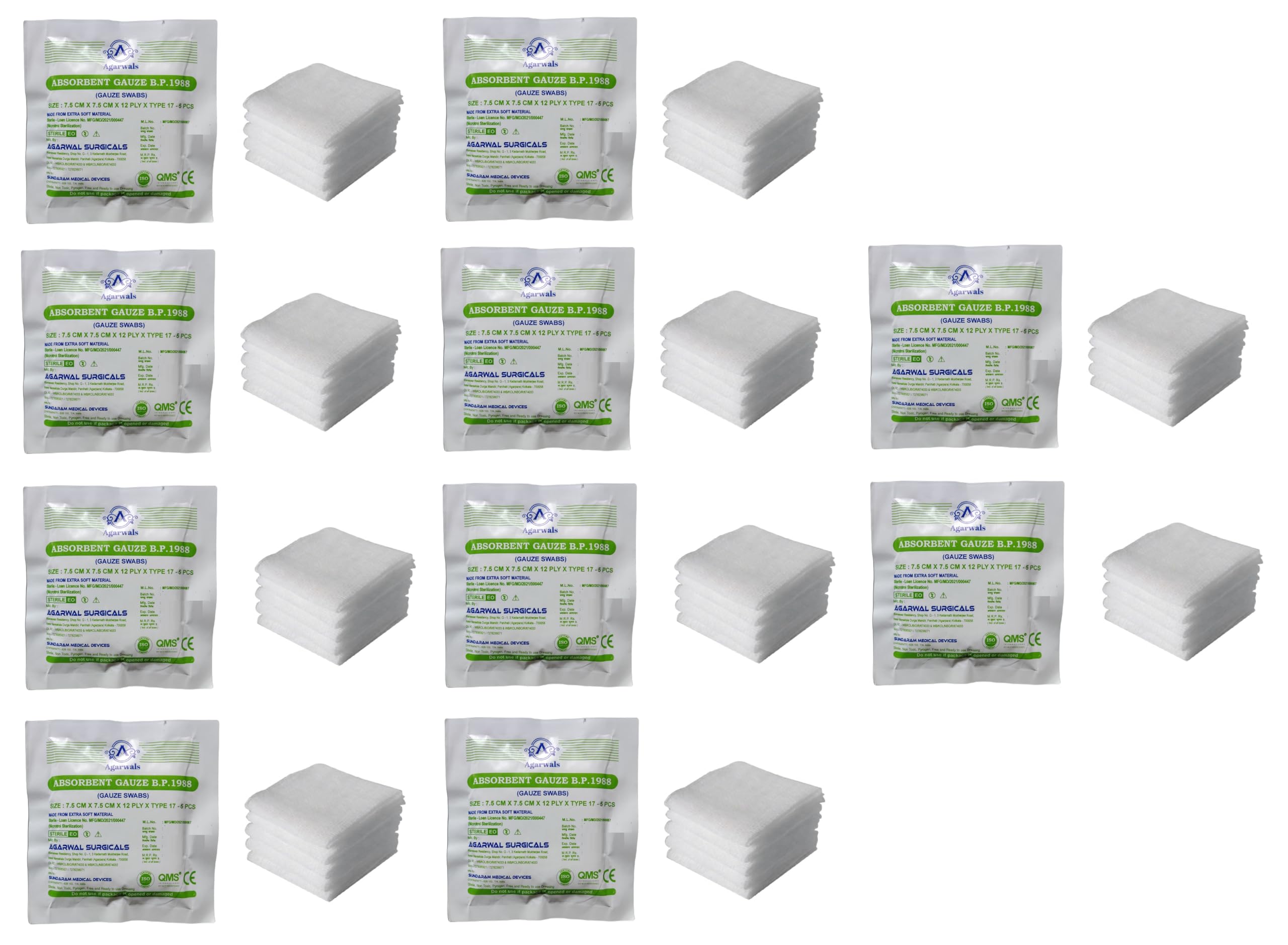 Agarwals Absorbent Gauze Swabs Sterile 7.5 cm X 7.5 cm X 12 ply (5Pcs/Pack)(Pack of 10 i.e. 50 Dressings)-image-18