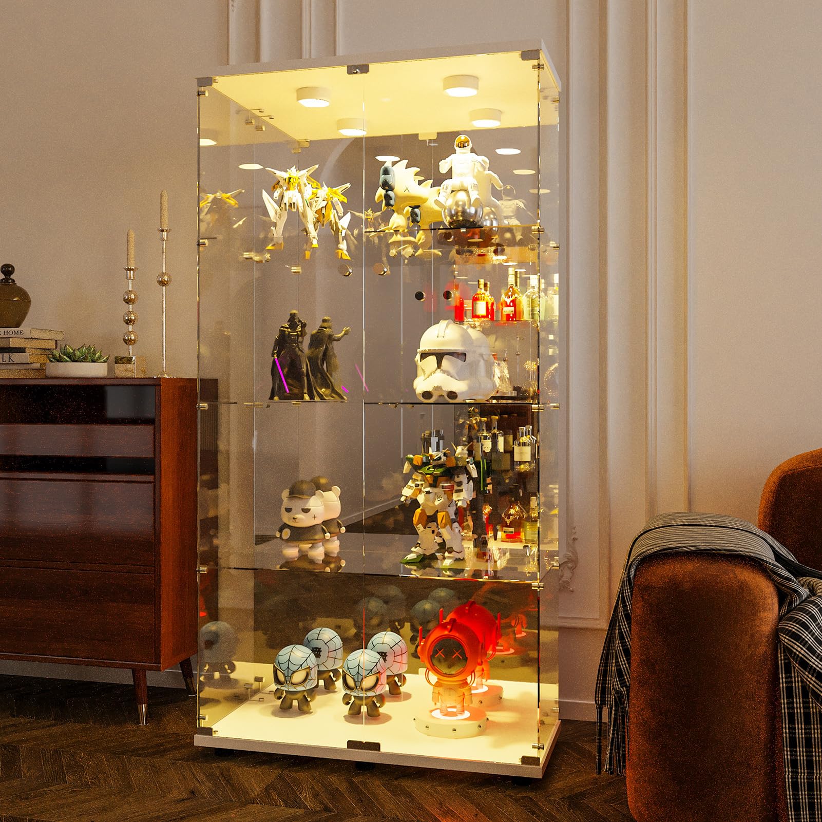LIVLUX Vitrine en Verre avec Éclairage LED, 4 Étages, 2 Portes avec Serrure, 164 x 80,5 x 36,5 cm, Vitrine de Collection pour Salon,Armoire sur Pied Transparente