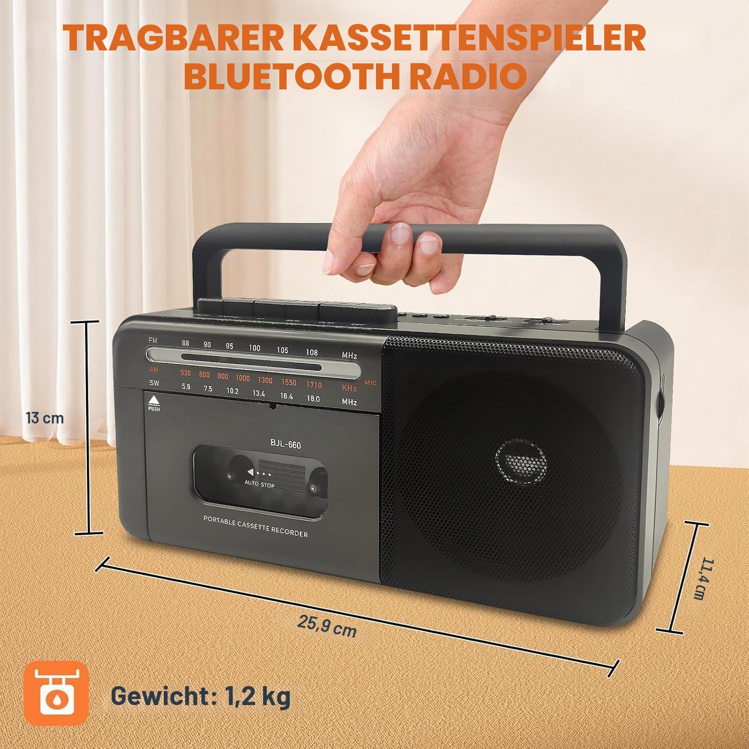 Kassettenspieler Bluetooth Boombox, Tape Recorder AM/FM/SW Radio Stereo Tape Player/Recorder mit großem Lautsprecher und Kopfhöreranschluss, USB/TF/MP3 Tapes Player AC betrieben oder