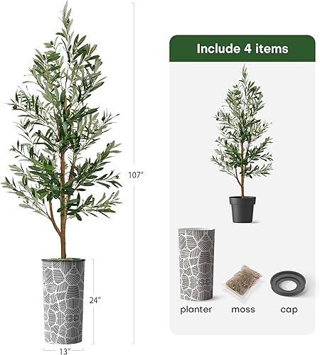 Miniatura 5 de Árbol artificial en macetero con patrón geométrico contemporáneo, árbol de seda de olivo falso para decoración del hogar en interiores y exteriores,