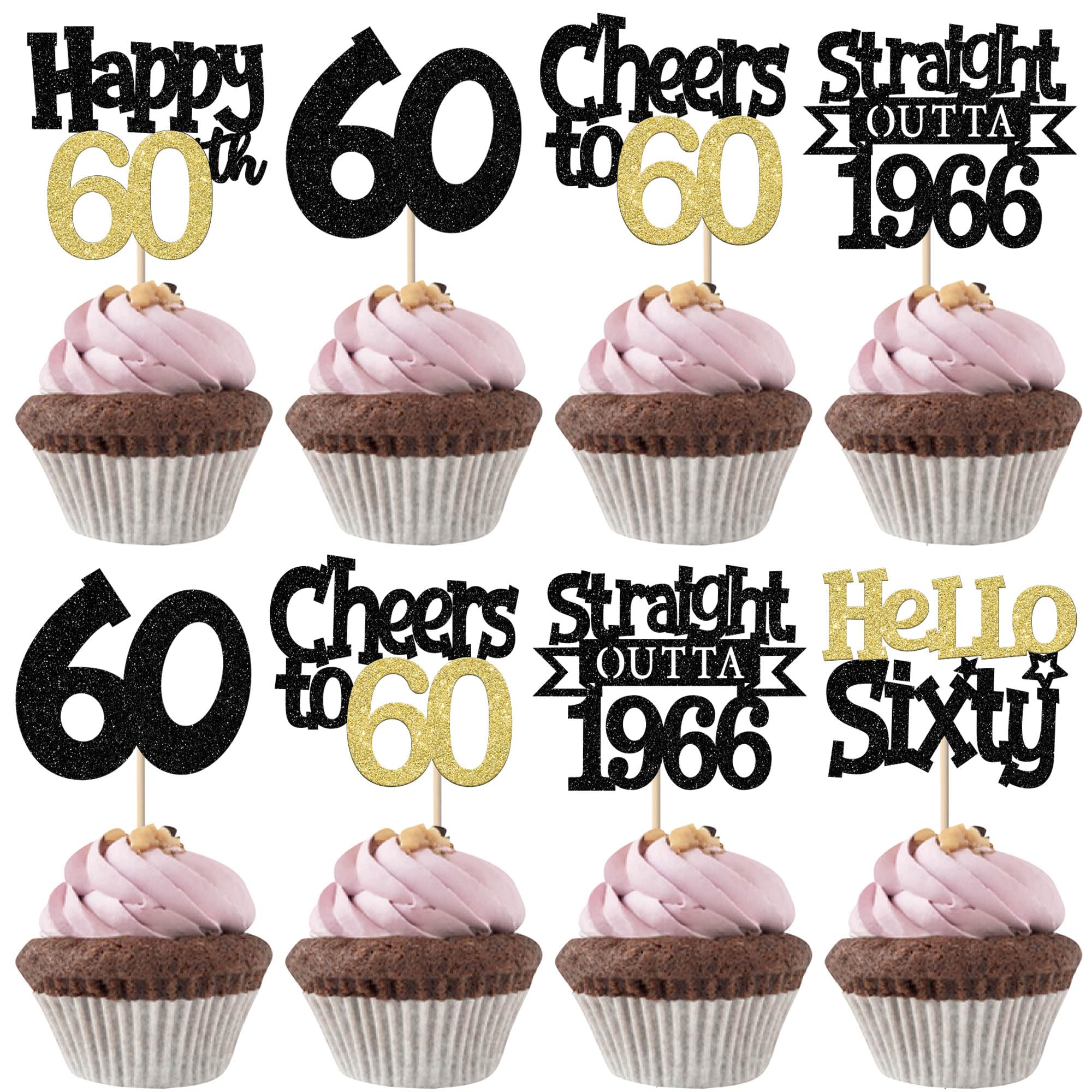 SYKYCTCY 30 Pack Happy 60th Birthday Cupcake Toppers Glitter Sixty Straight Outta 1966 Cupcake Picks Cheers to 60 Years Cupcake Picks for Happy 60th Birthday Party Cake Decor Supplies Black Gold