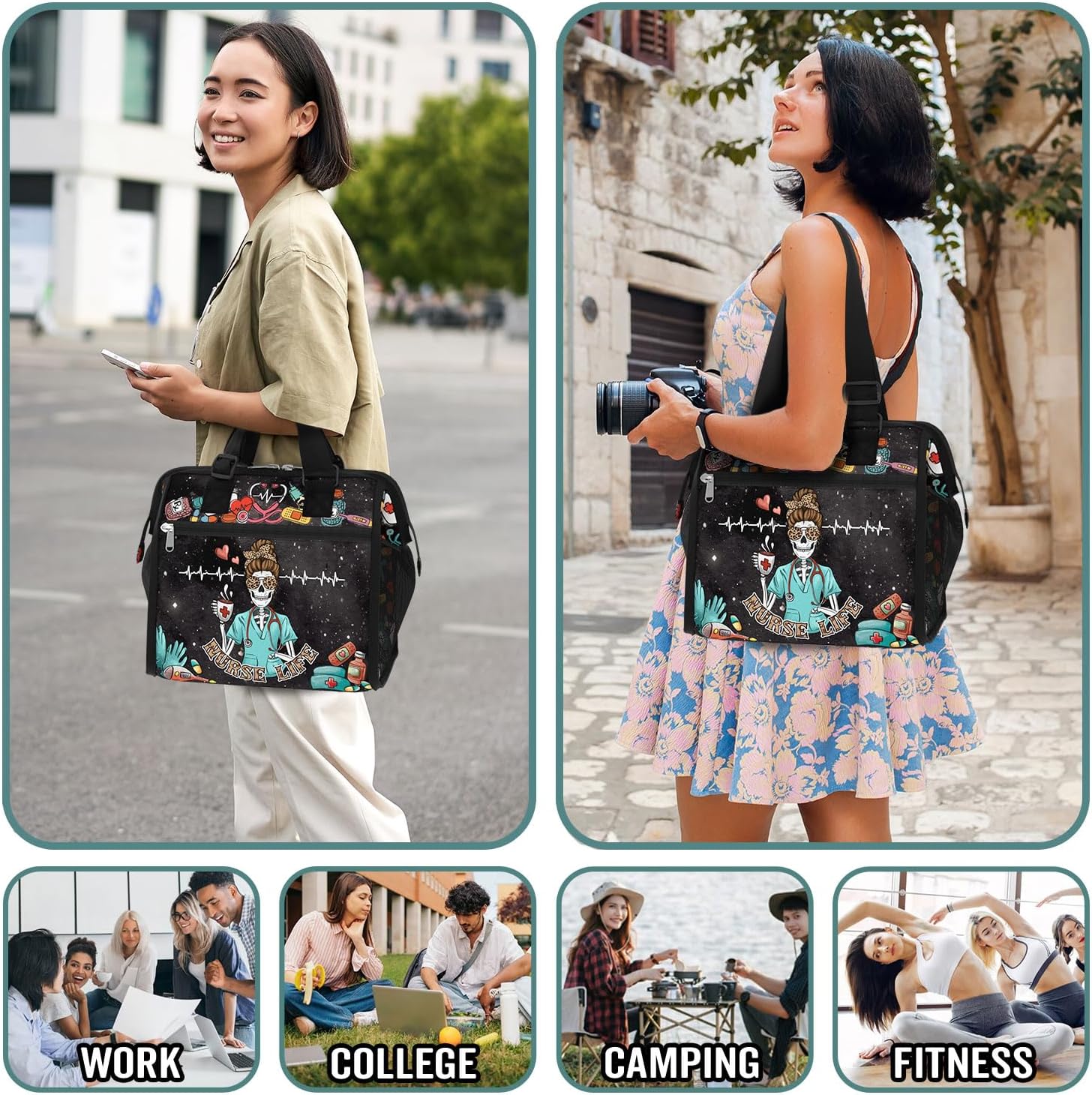 84hoods Large Lunch Box for Women. Gift for Nurse. Insulated Lunch Bag with Adjustable Strap for Work, Hospital, Travel and Picnic. Nurse Skeleton.