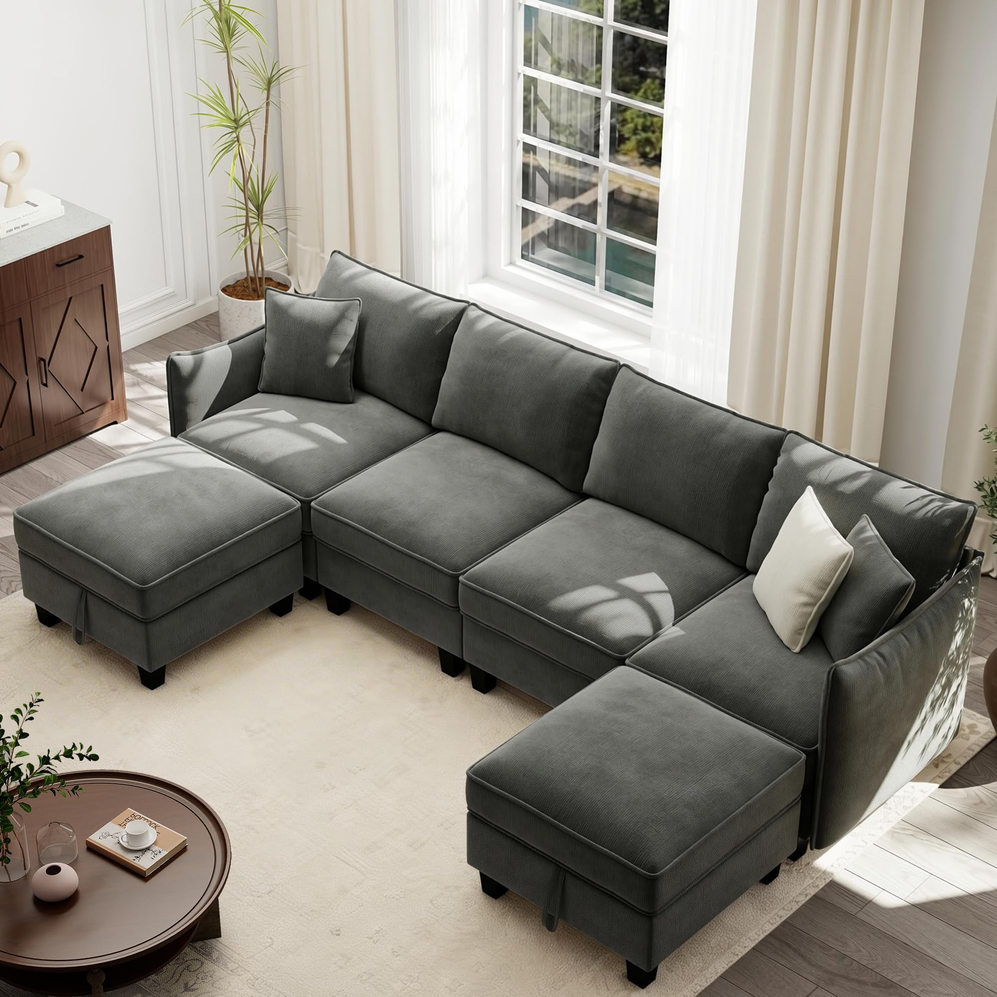 Ihanherry 112" Modular U-Shaped Sectional Sofa, Modern 6-Seat Cloud Couch with 2 Storage Ottomans, Comfy Chenille Convertible Furniture Set for Living Room, Apartment, Easy Assembly, Dark Grey (Armless seat only) 