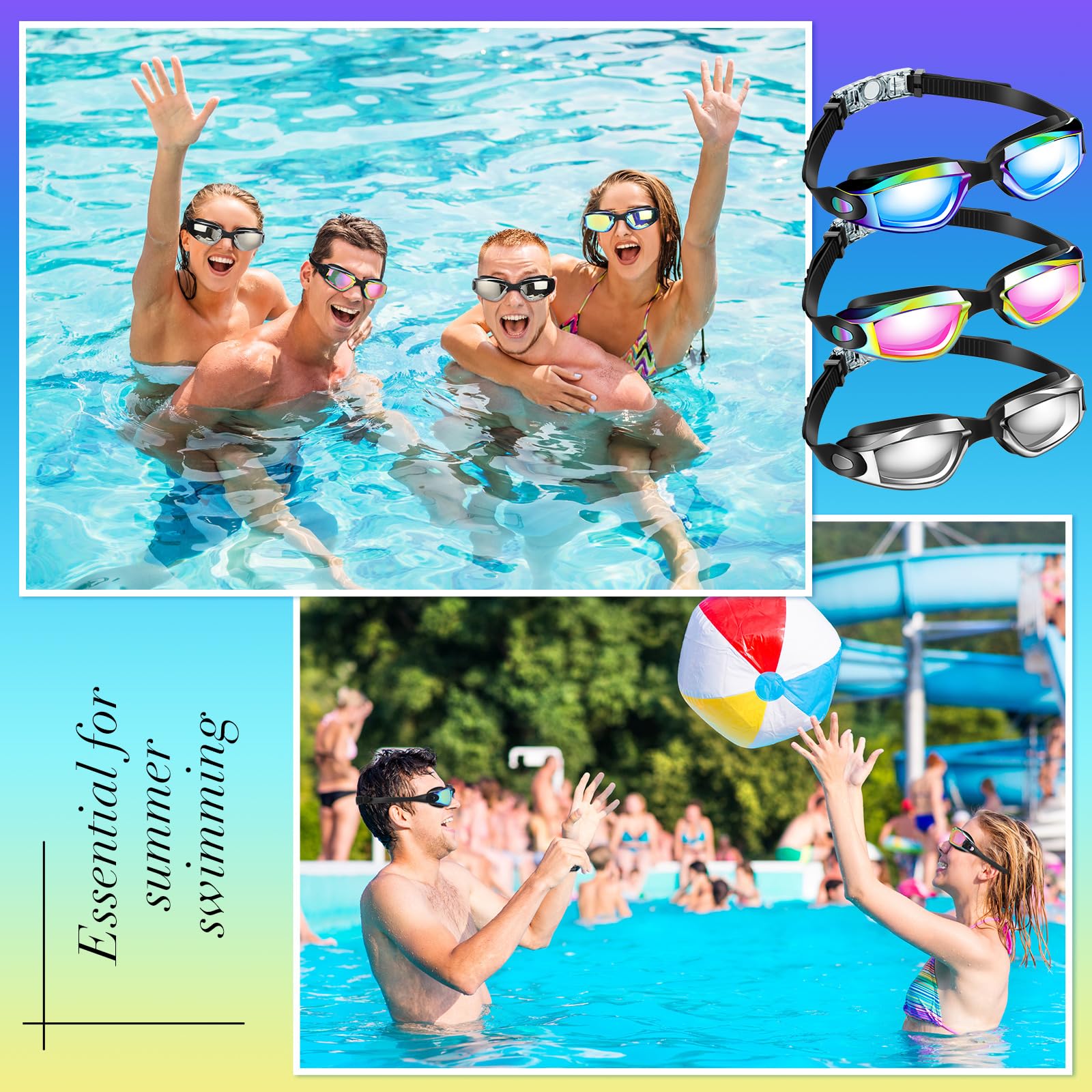 Flutesan Schwimmbrille aus Silikon, verstellbar, beschlagfrei, mit Nasenklammer und Ohrstöpseln für Erwachsene, Herren, Damen, Jugendliche, Wasserpool, Schwimmen, 3 Farben (stilvolle Farbe), 3 Stück