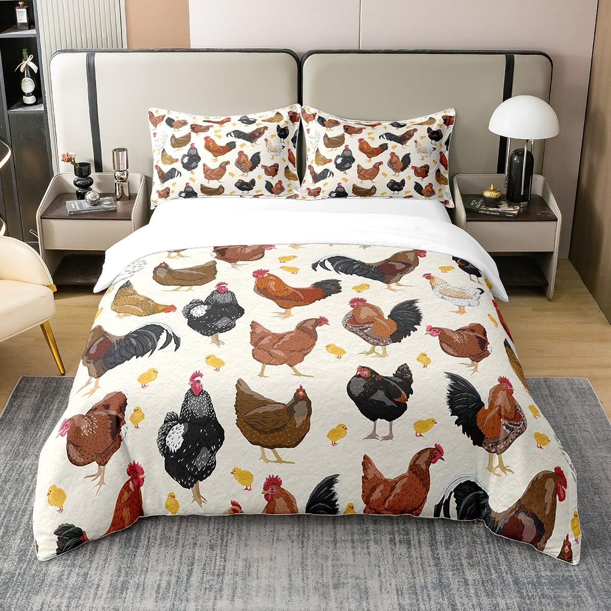 Loussiesd Kinder Huhn 100% Baumwolle Bettwäsche Set 135x200cm Bauernhof Tier Bettbezug Set Für Jungen Mädchen Bauernhof Kindergarten Dekor Betten Set Lustiges Land Thema Bettwäsche Nettes Bettbezug