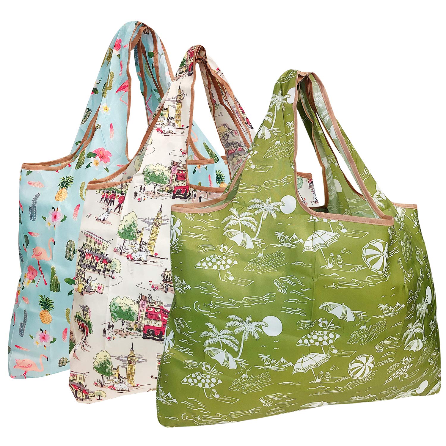 alldyrew Large Foldable Tote Nylon Reusable Grocery Bag, 3 Pack