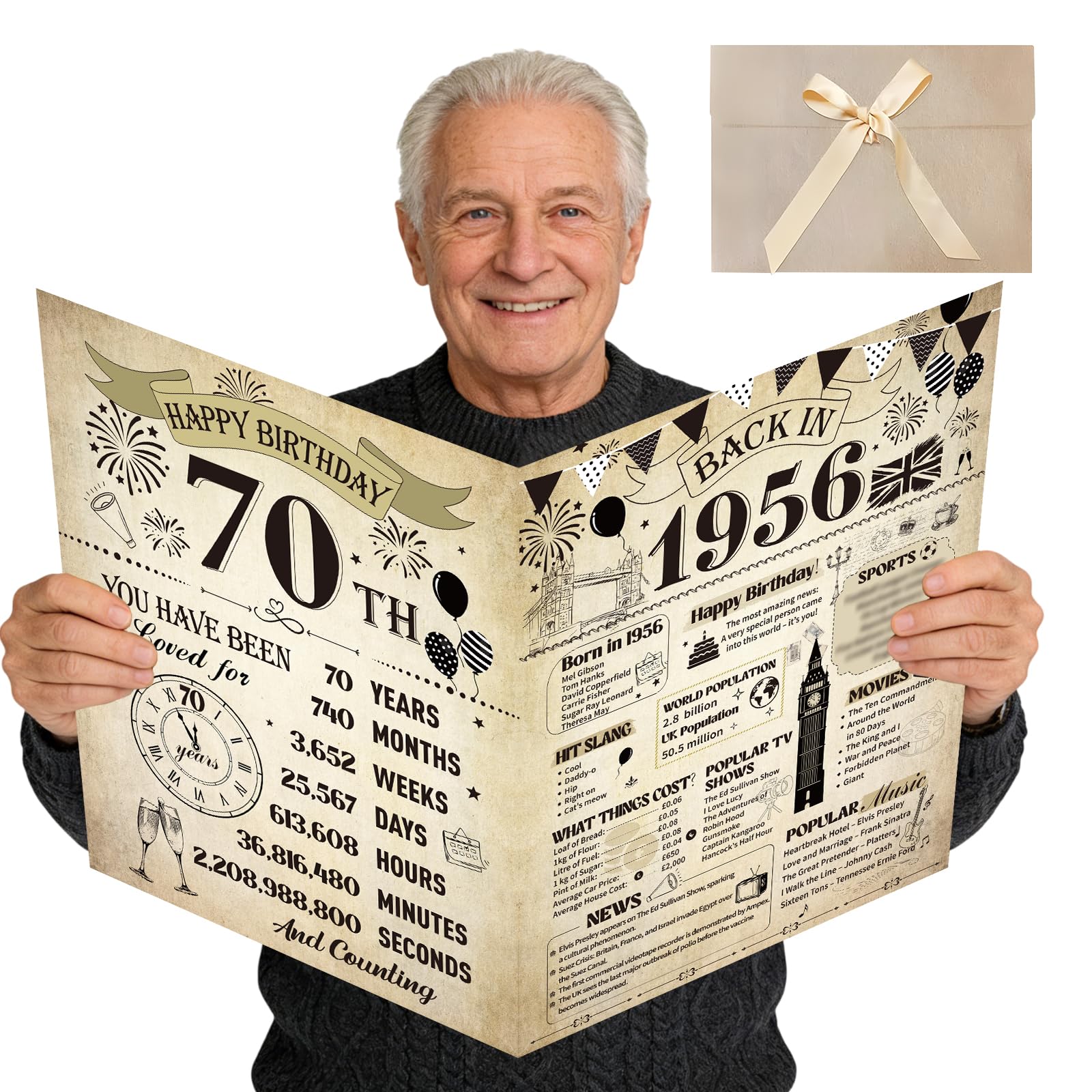 Eiapadeor Large 70th Birthday Card for Men - Vintage Back in 1956 70th Birthday Card with Envelope Cheers to 70 Years Jumbo Guest Book Birthdays Gift for Women Men 70 Year Old Party Decorations