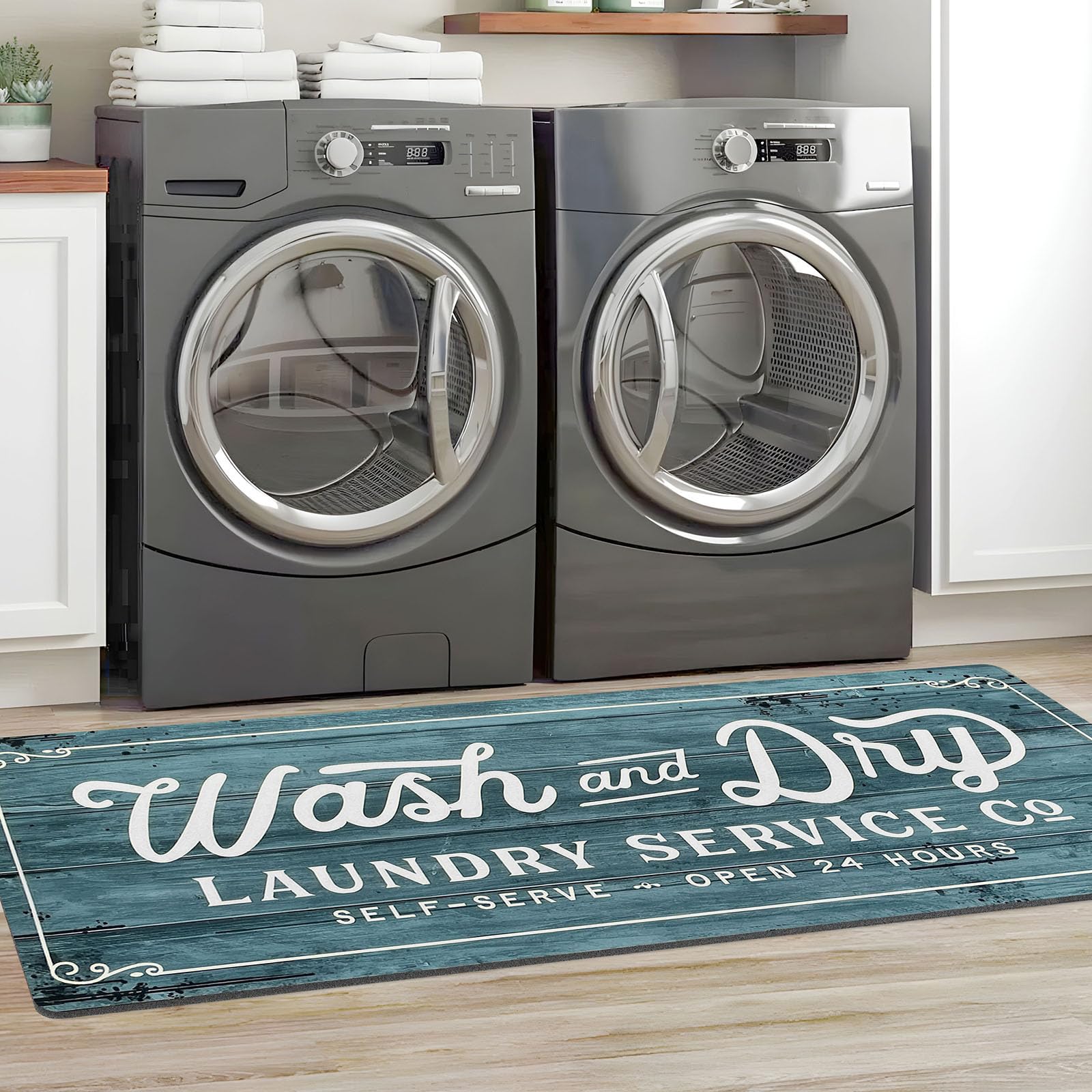 KOZYFLY Laundry Room Rug Runner 20"x60" Non-Slip Kitchen Rug Washable Mat Waterproof Mudroom Floor Carpet Runner Farmhouse Decor, Cyan, Wash and Dry — image 1