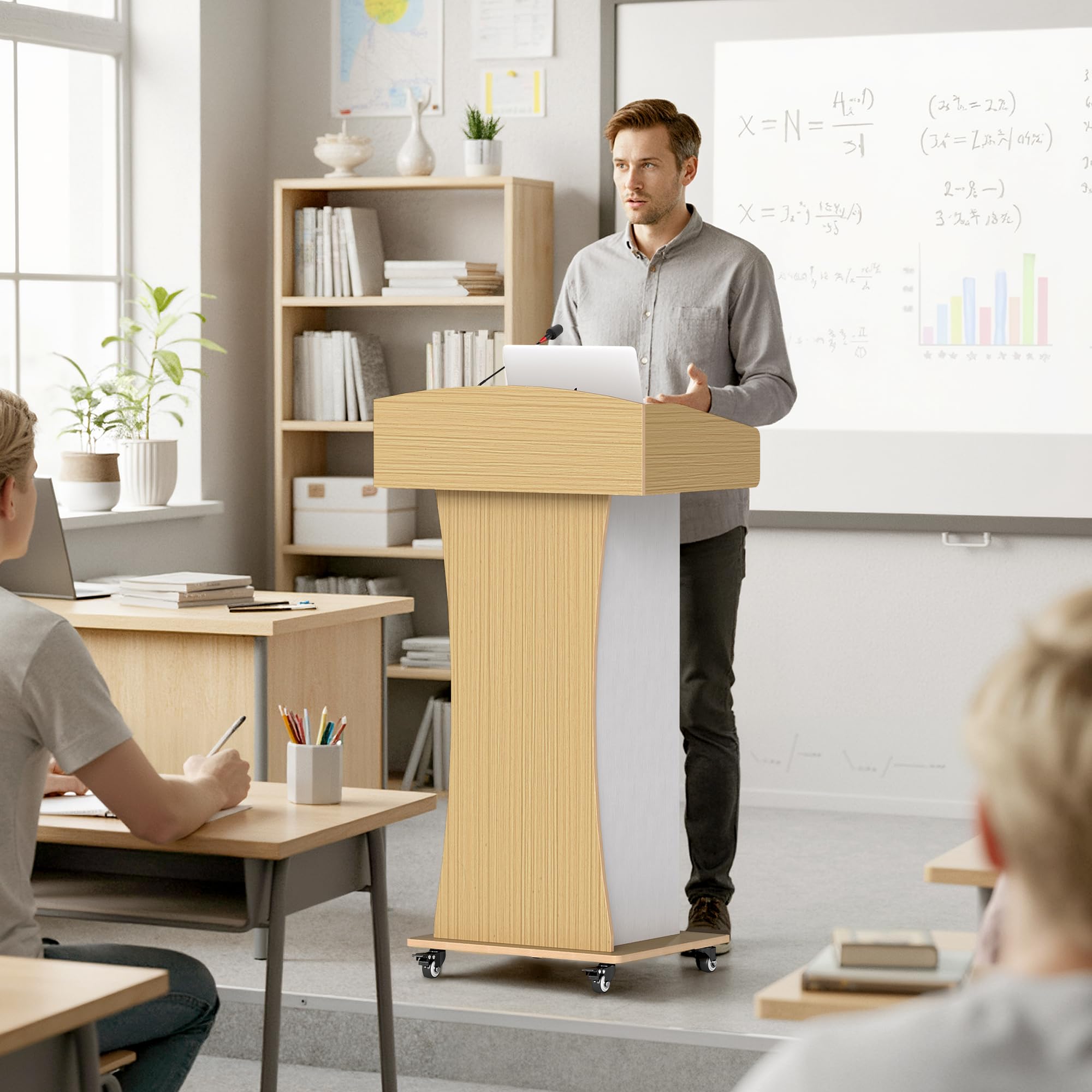 Stehpult mit Rollen und Schublade, Holz Podium für Schulen Kirche, Mobiler Rednerpult für Präsentationen