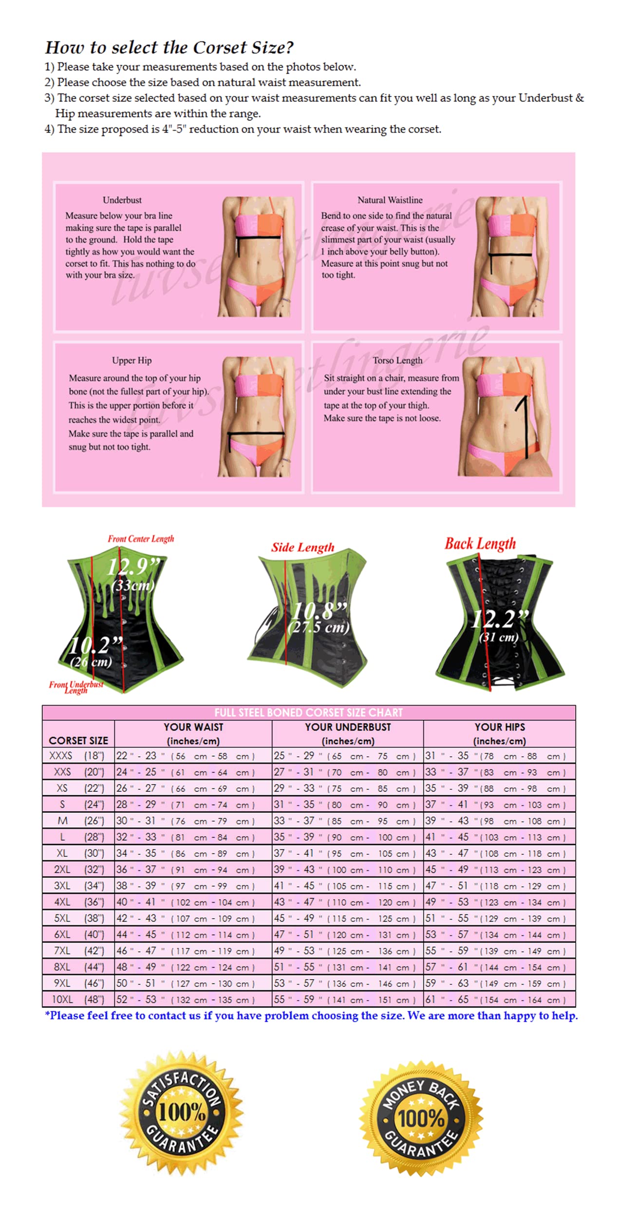 luvsecretlingerie Heavy Duty 26 Double Steel Boned Waist Training LEATHER & SATIN Underbust Tight Shaper Corset #8576-LE-SA: Large Black