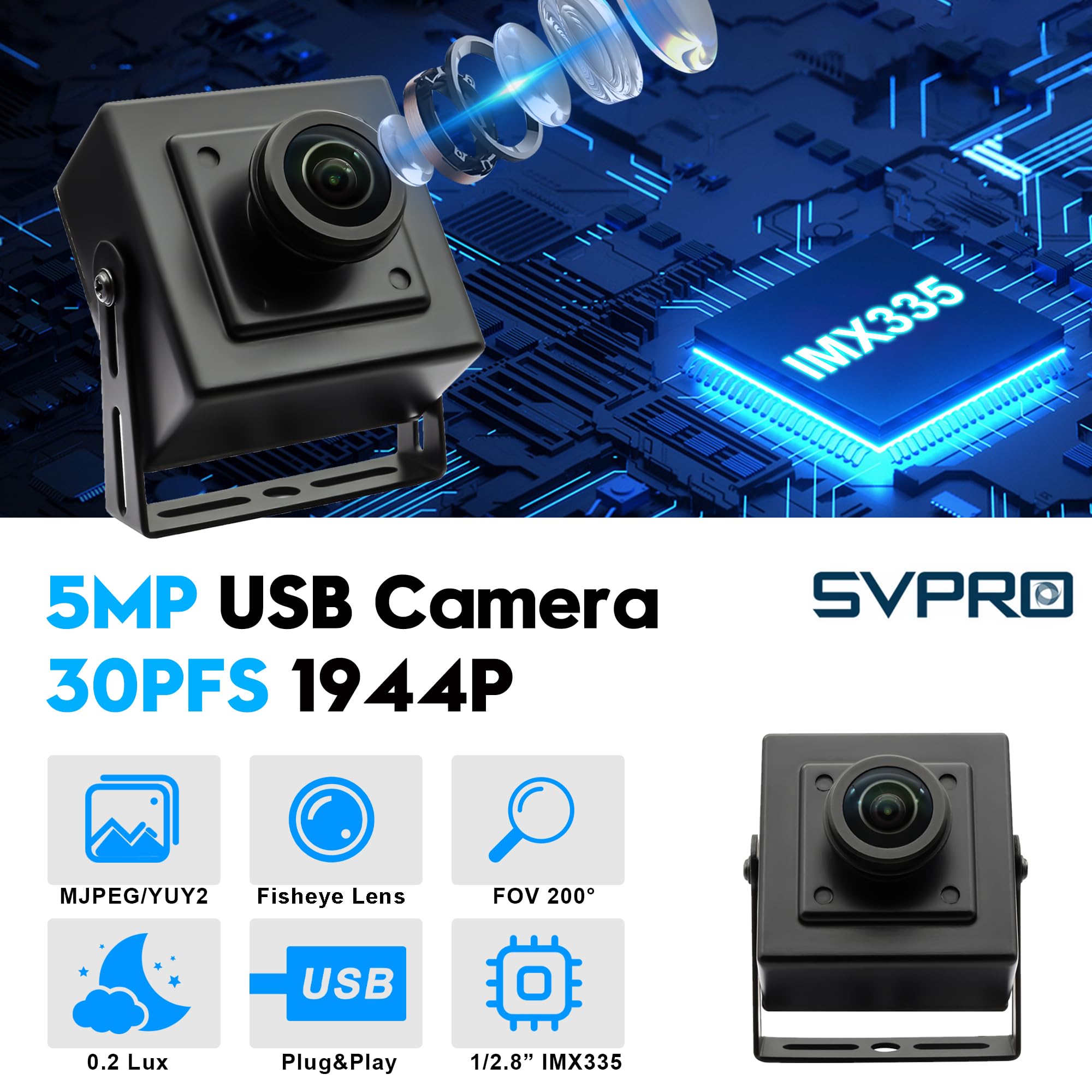 Svpro Fisheye - Telecamera USB da 5 MP, 30 fps, ultra grandangolare, a bassa luce, con sensore IMX335, per visione della macchina, sorveglianza di sicurezza, UVC Plug & Play per Windows/Mac/Linux
