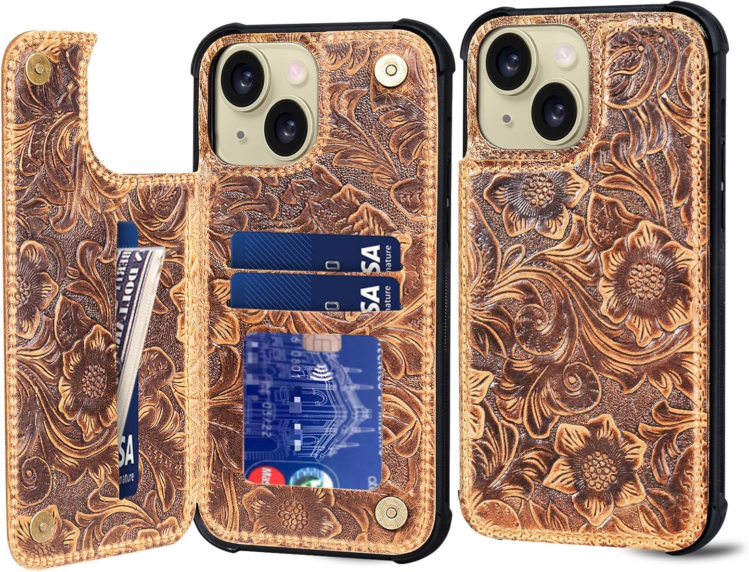 Wallet Real Leather Case Compatible with iPhone 15 6.1" ,Genuine Leather,Shockproof, Anti-Fall Case, Flip Cover, with Card Slot, Double Magnetic Buckle, Kickstand, Durable Brown