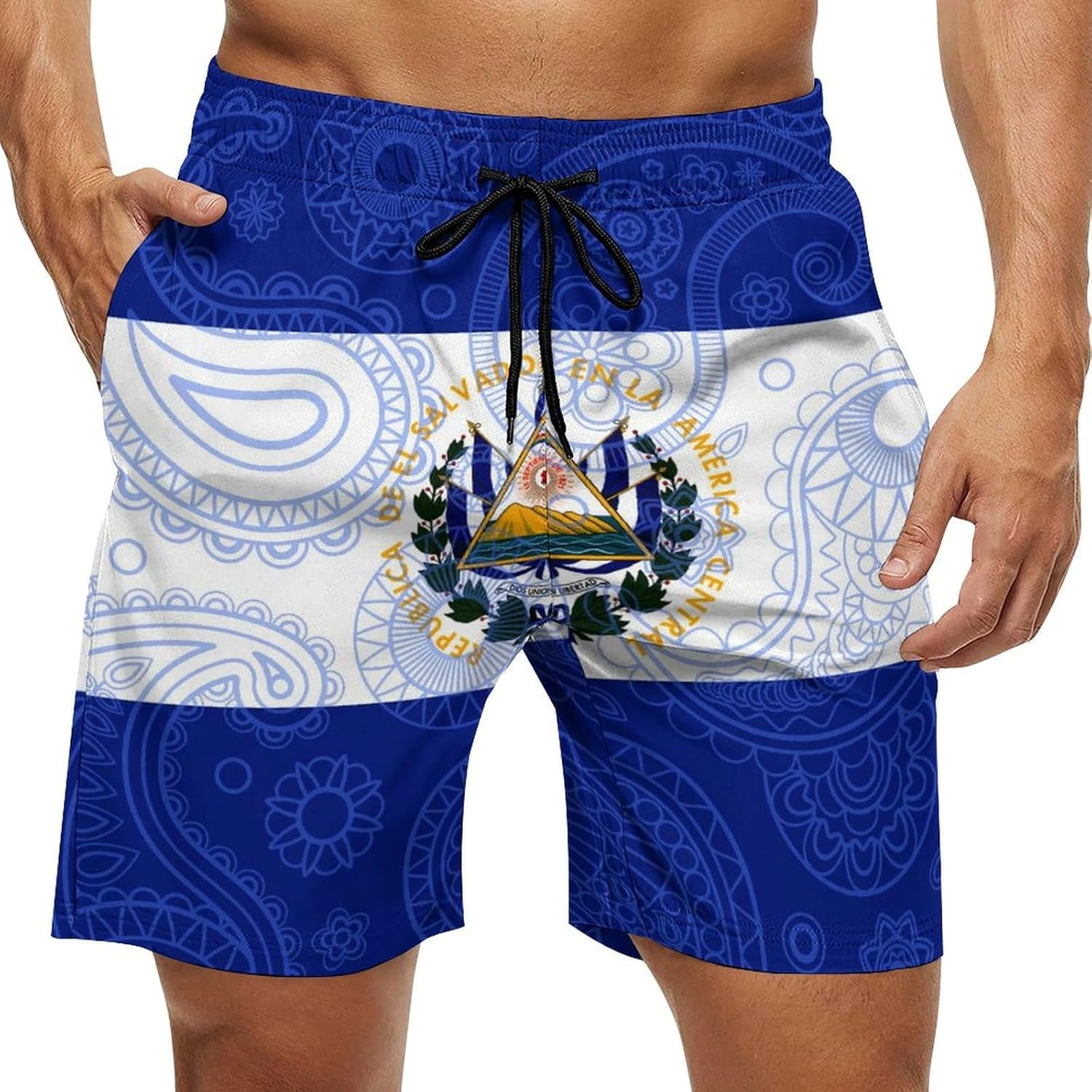 El Sal-vador Flag Paisley Pattern Casual Men's Swim Trunks Novelty Summer Beach Shorts Swimwear with Pocket