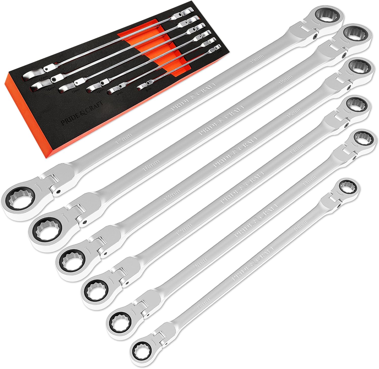 PRIDE&CRAFT 6-Piece Extra Long Flex Head Ratcheting Wrench Set - Metric Double Box End (8-19mm), CR-V Steel, 90-Tooth Ratchet Wrench for Automotive Repair, EVA Organizer
