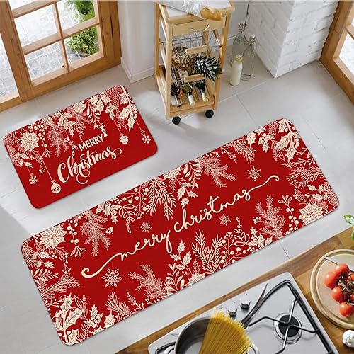 Miniatura 5 de Juego de 2 alfombras de cocina de Feliz Navidad, diseño de ramas de pino acebo, hojas para piso, color rojo, invierno, vacaciones, antideslizantes,