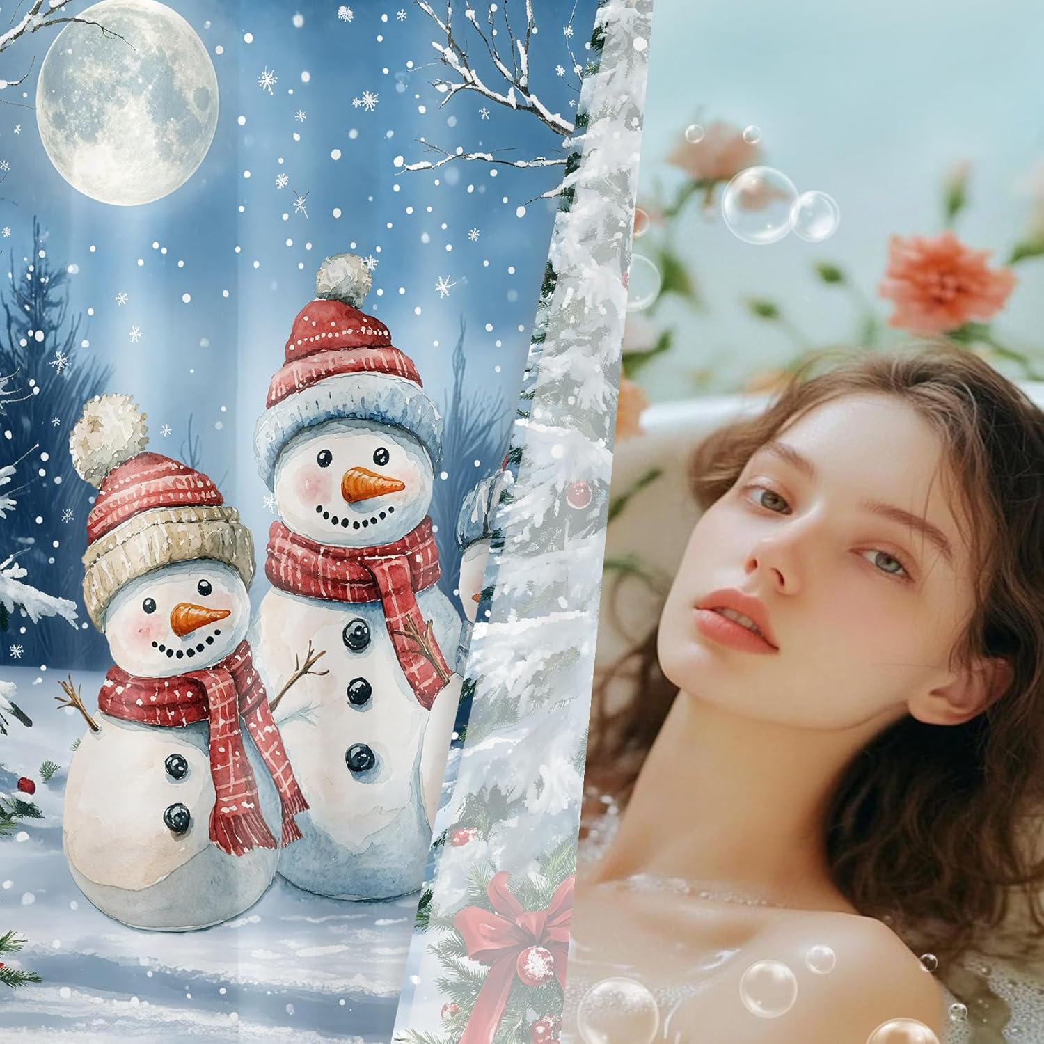 Winter Christmas Shower Curtain for Bathroom, Cute Snowman and Green Xmas Tree Moon Shower Curtain Set Red Bow and Xmas Balls Bathroom Curtains Hooks Included, 72W x 78L inches