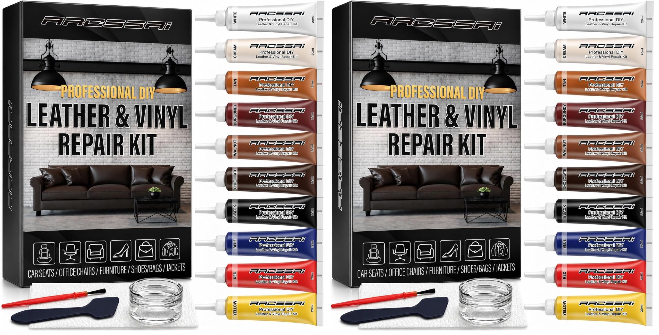 Leather Repair Kit for Furniture, Sofa, Jacket, Car Seats and Purse. Vinyl Repair Kit. Super Easy Instructions to Match Any Color, Restore Any Material, Bonded, Italian, Pleather, Genuine (Pack of 2)