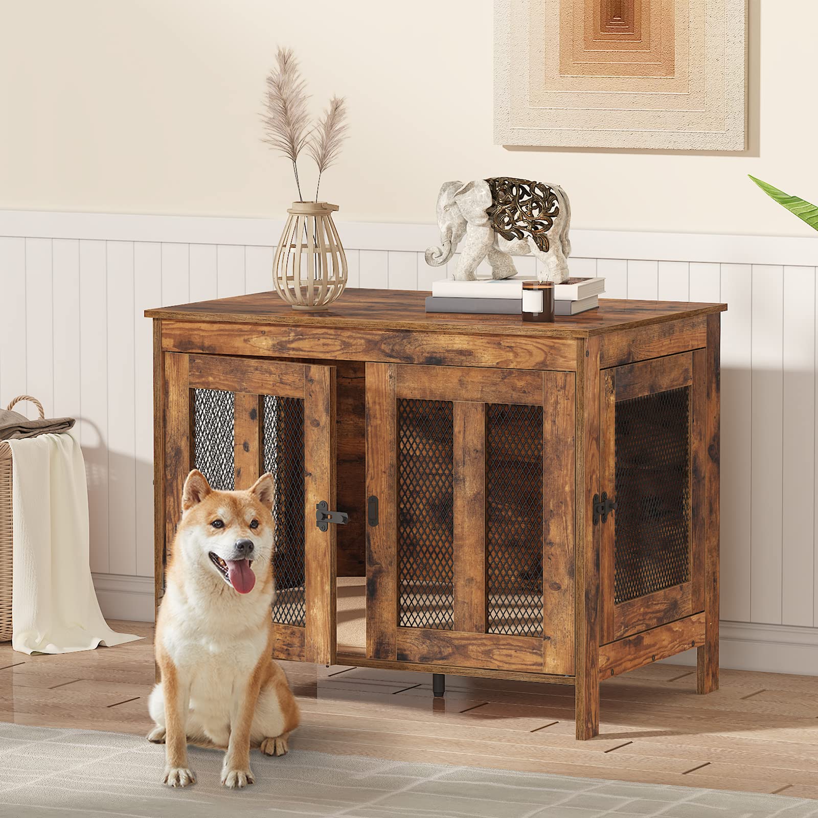 MAHANCRIS Dog Crate Furniture with Cushion, Wooden Dog Kennel End Table for Small to Large Dogs, Indoor Mesh Dog House with Double Doors, Dog Cage, Rustic Brown and Black DCHR0601Z1