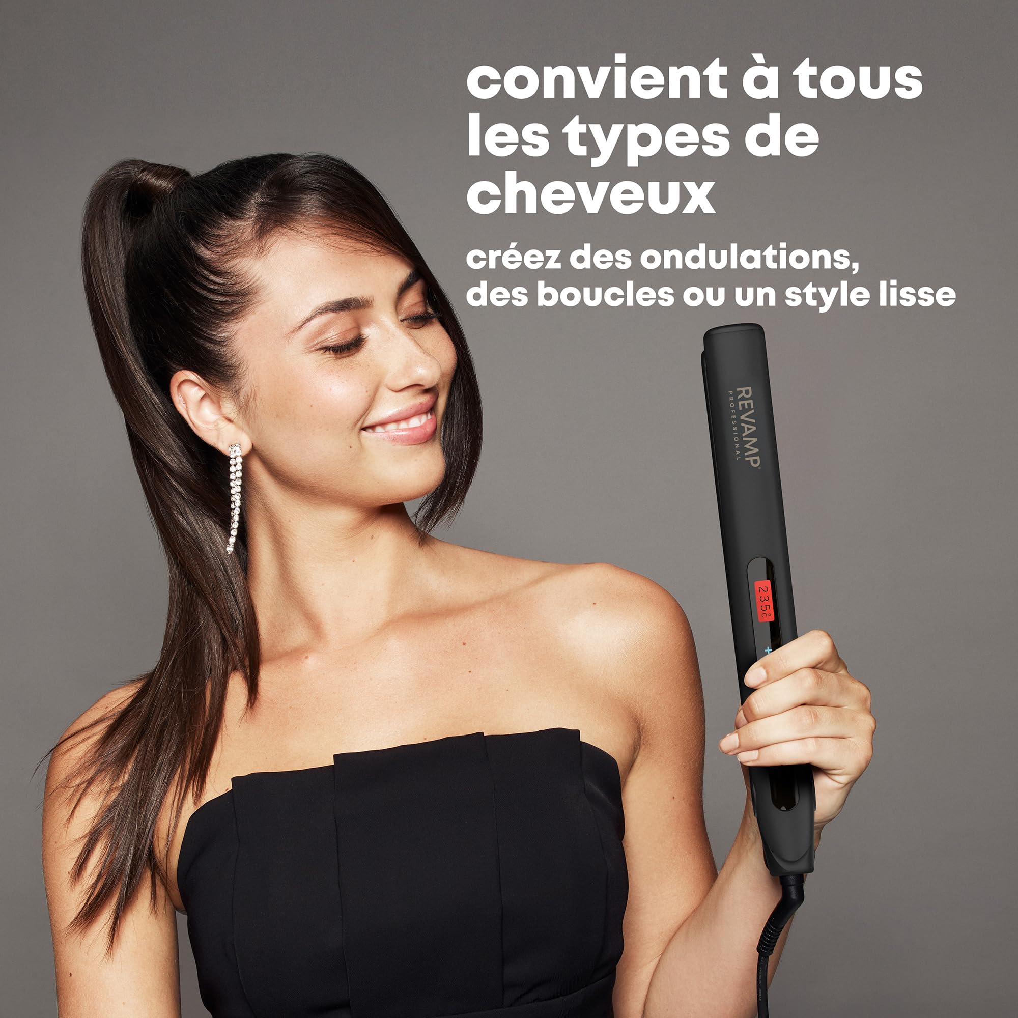 REVAMP Touch Lisseur Céramique Digital - Lissage et Boucles Professionnels, Plaques Céramique Ionique, Contrôle Température Tactile 80-235 °C, Câble 3 m Rotatif - Noir