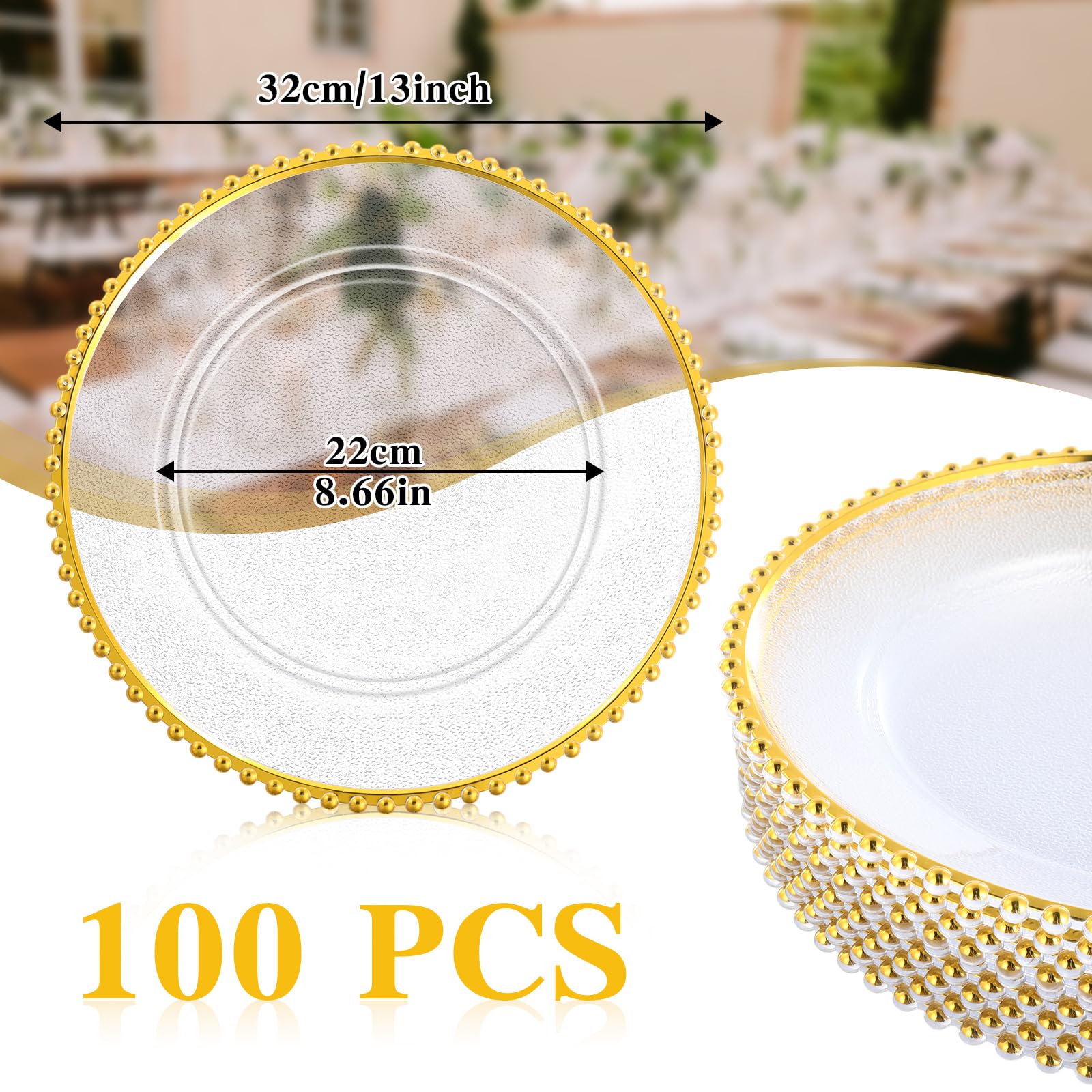 Hoolerry 100 Pack Clear Charger Plates Bulk 13 Inch Acrylic Round Dinner Charger Plates Beaded Frosted Grain Dinner Decorative Dishes for Wedding Party Events Home Kitchen Tabletop(Gold)