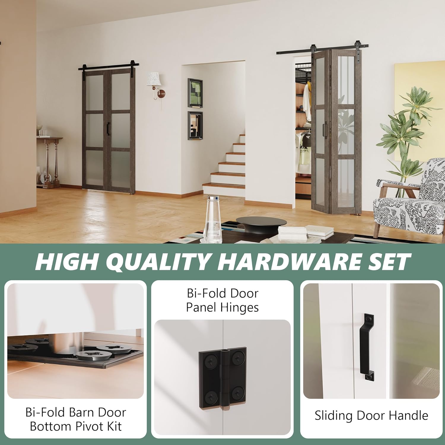 24" x 84" Bifold Barn Door, 3 Lite Frosted Glass with Sliding Hardware Kit Set, One Track for 2 Pre-drilled Holes Door Panels, Easy Assembly, MDF, Gray Brown
