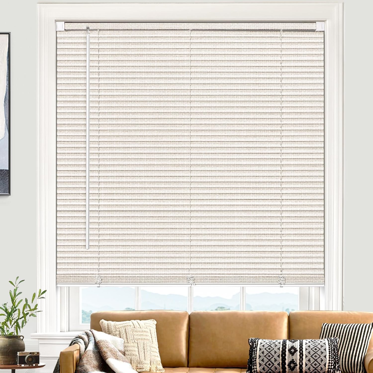 Cordless Blinds for Indoor Windows 1" Vinyl Textured Print Slats Mini Blinds for Home, 34" W x 48" H - Sand Sand 34" W × 48" H