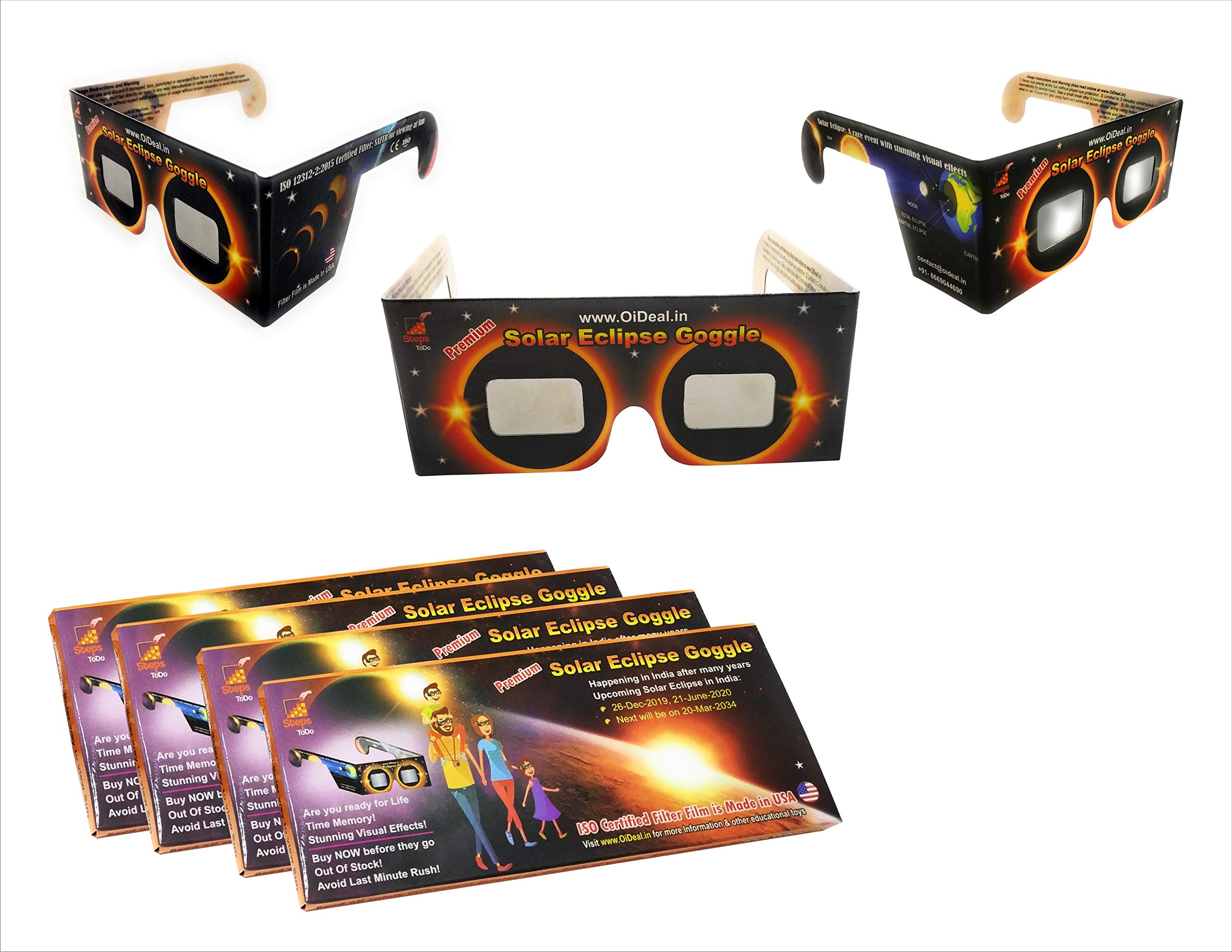 StepsToDo (with device) Premium Solar Eclipse Goggle. Sun Viewer Glasses with ISO Certfied Made in USA Films (Set of 4)