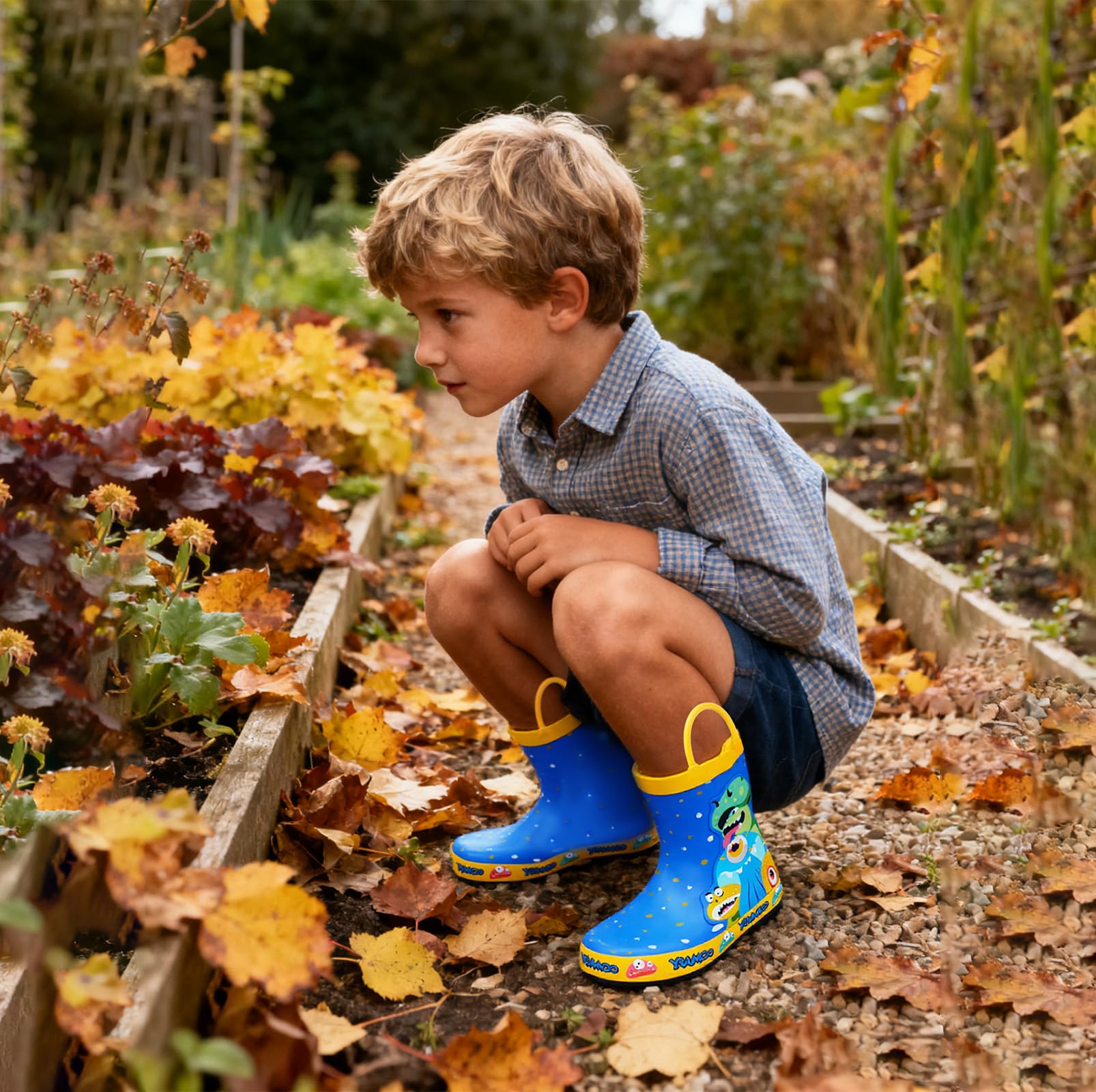 Gummistiefel Kinder mit Griffen, Gumischtifel für Jungen & Mädchen Outdoor, Wasserdichte Regenstiefel Kinder, Anti-Rutsch Sohle, Gr. 23-34
