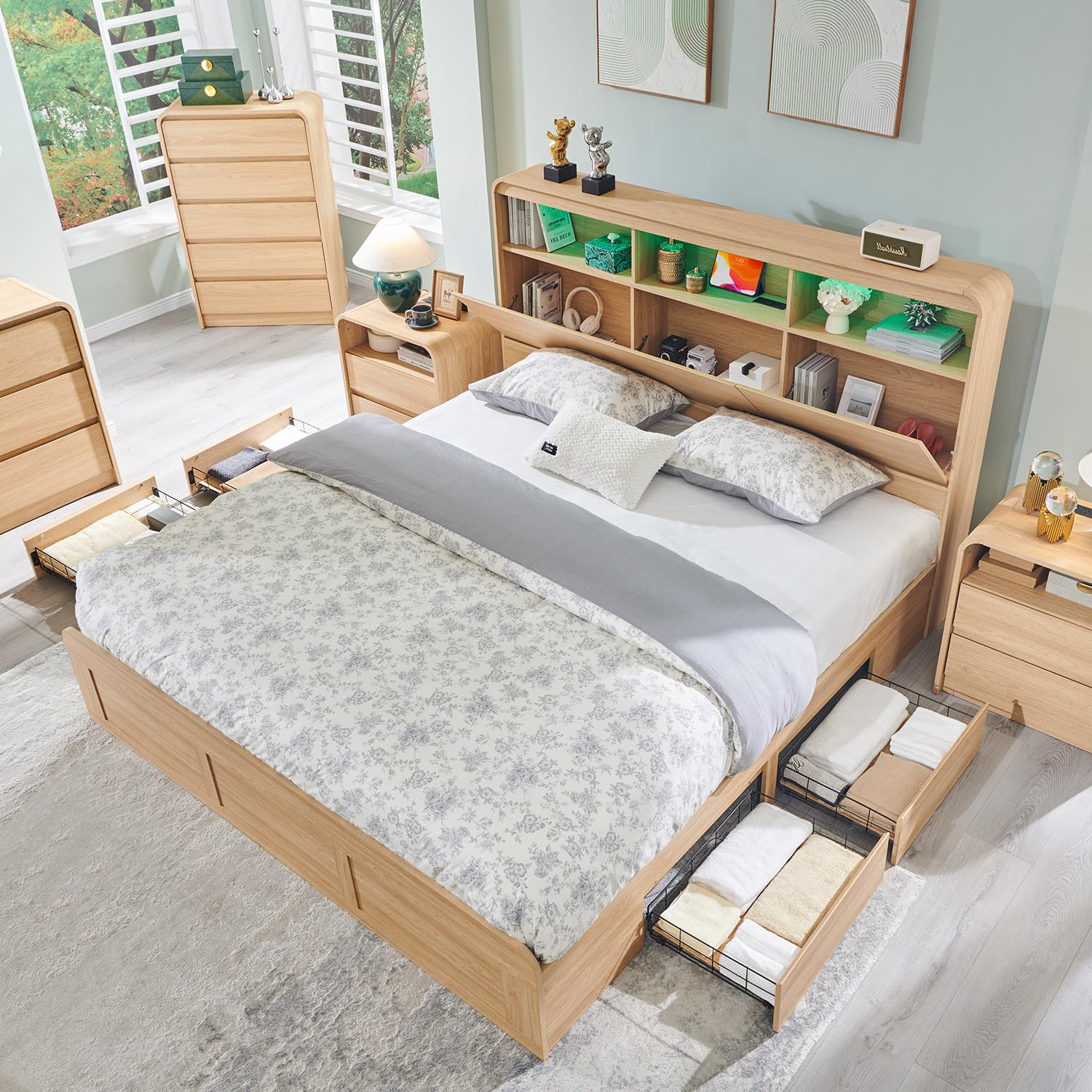 Modern King Size Bed Frame with 50" Tall Storage Headboard, Wood King Size Platform Bed Frame w/4 Drawers, Curved Profile Design, LED Light, Charging Station,No Box Spring Needed, Natural Oak